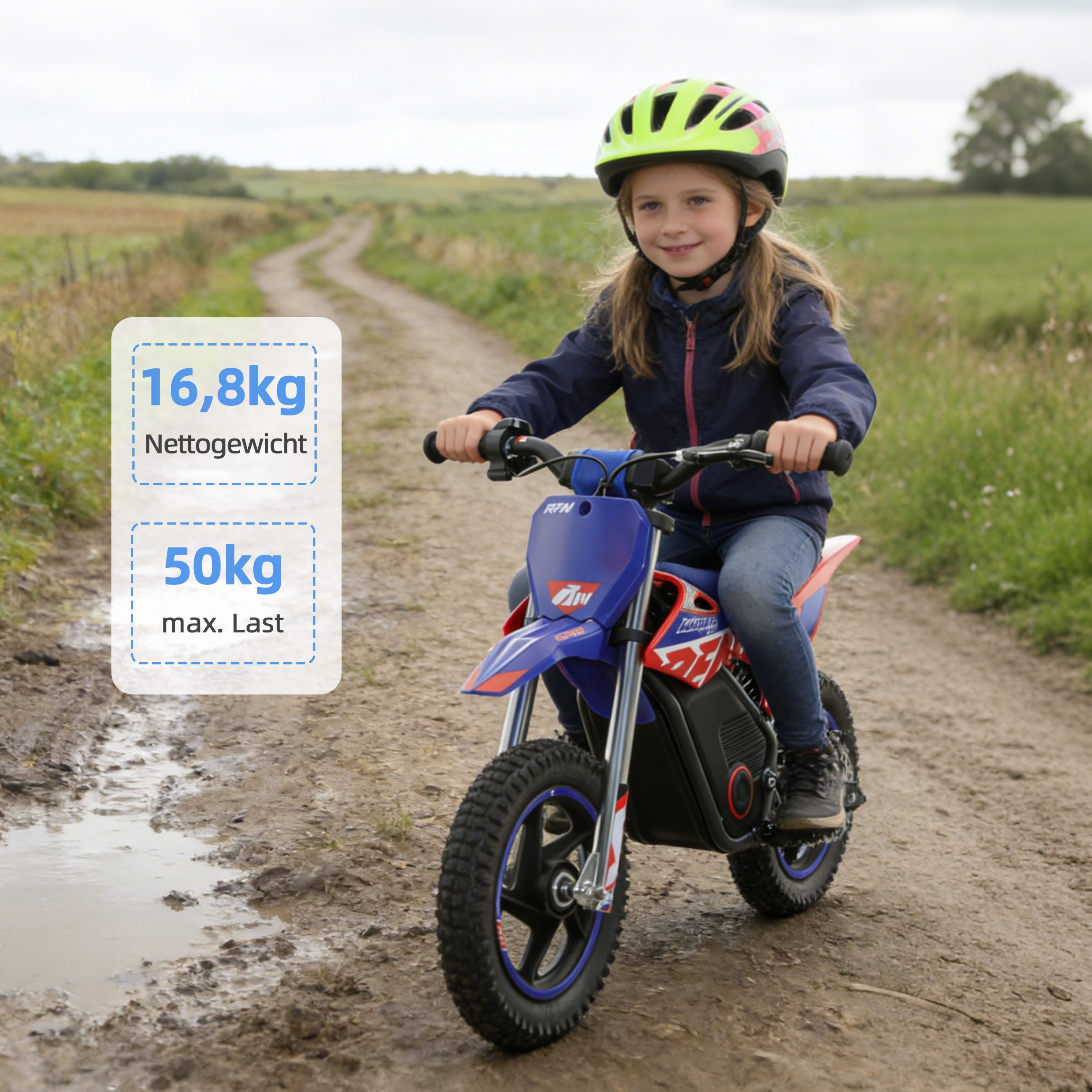 Mädchen auf einem blauen Dirtbike mit Helm auf Feldweg.
