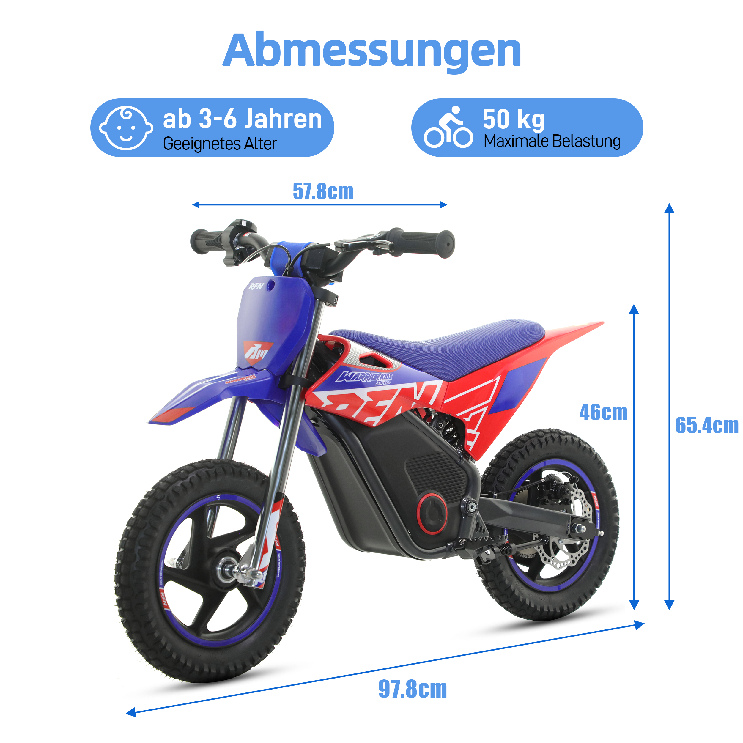 Ein blaues und rotes Kinder-Elektrofahrrad mit Maßangaben: 97.8cm Länge, 57.8cm Höhe.