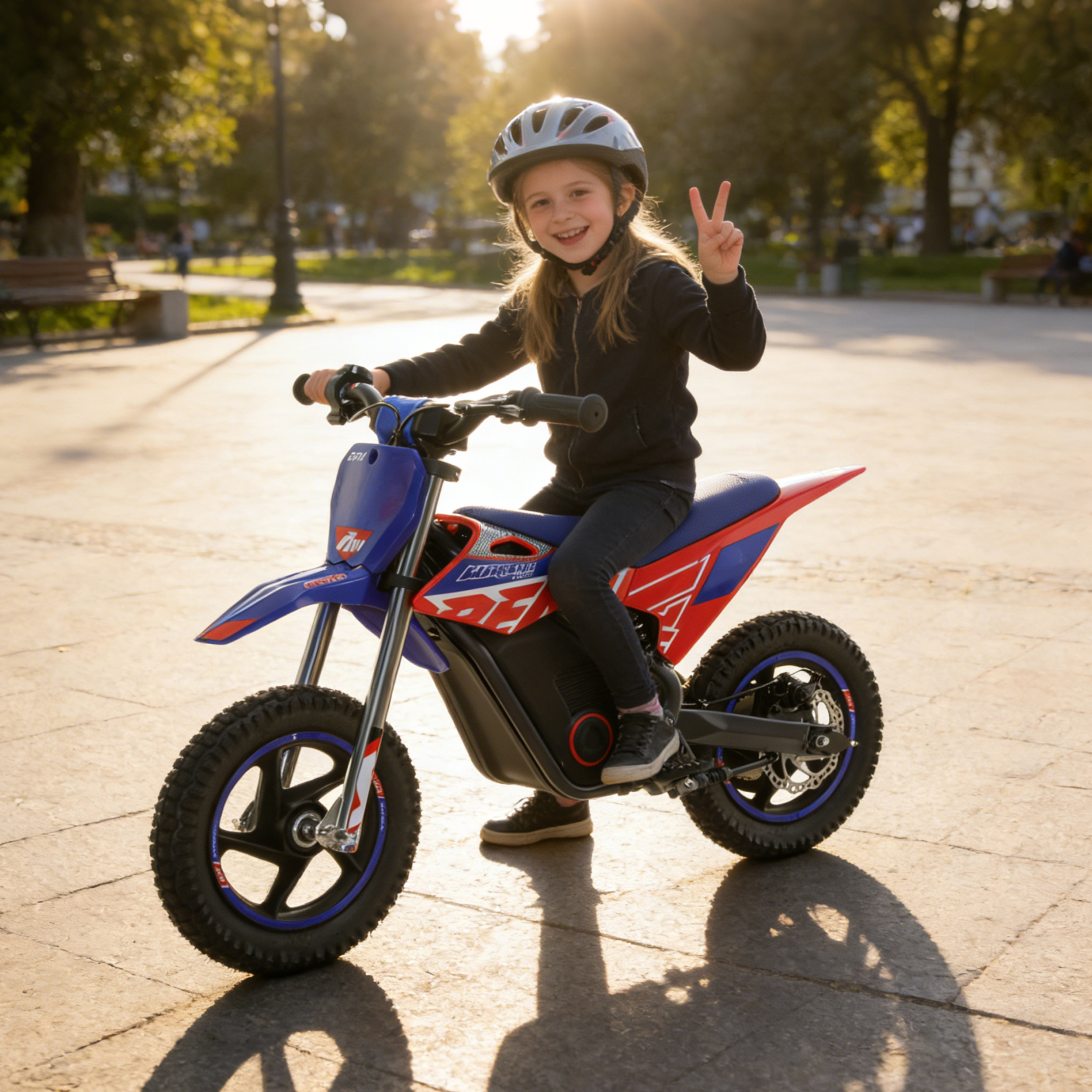 Ein Mädchen mit Helm sitzt auf einem blauen Motorrad im Freien.