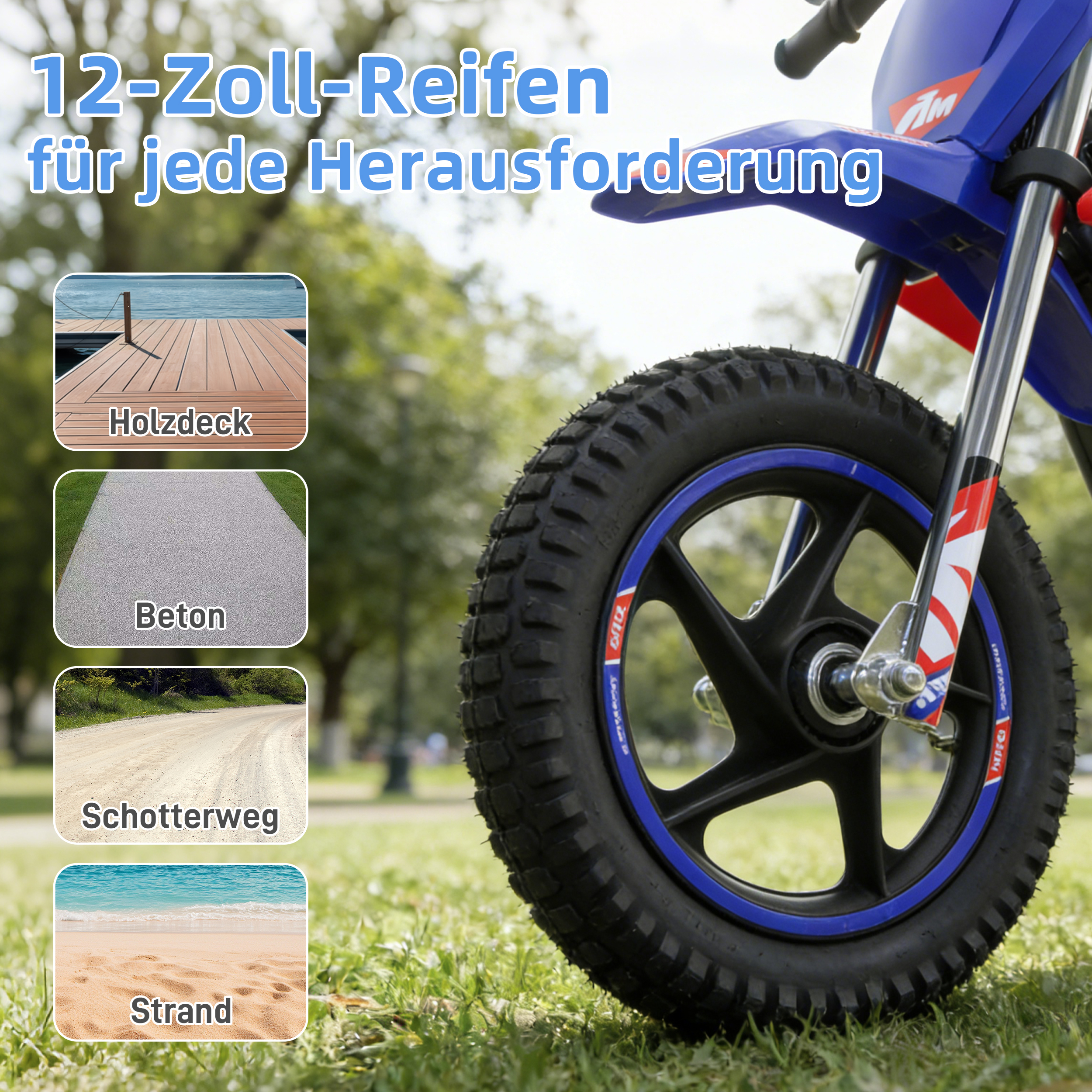 Ein blaues Kinderfahrrad mit 12-Zoll-Reifen auf Gras, daneben Bilder von Holzdeck, Beton, Schotterweg und Strand.