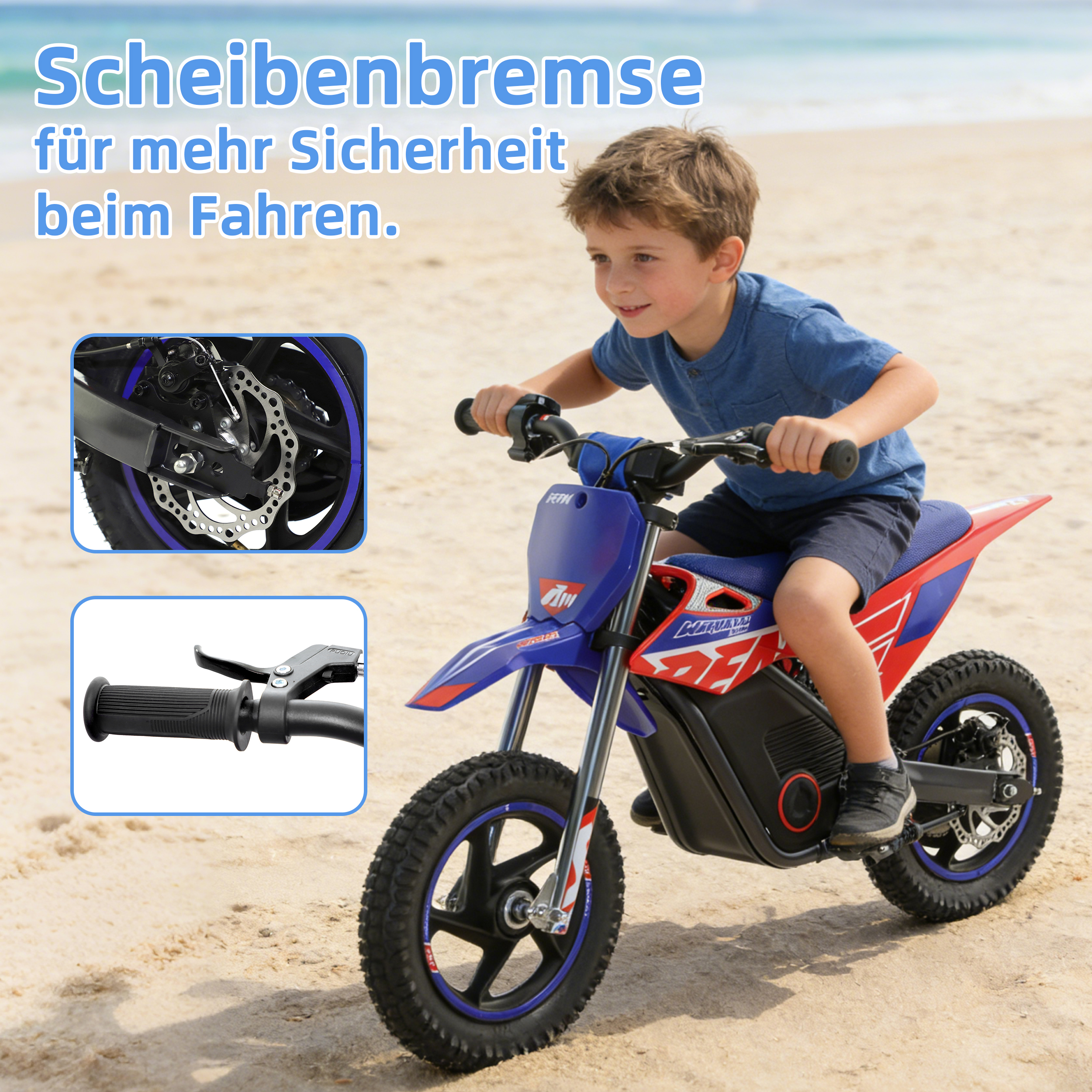 Ein Junge fährt ein blaues und rotes Motorrad am Strand. Nahaufnahmen zeigen die Bremse und den Gasgriff.