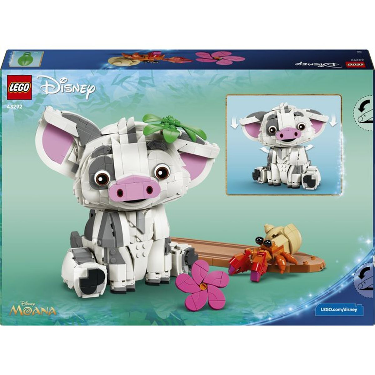 Zestaw LEGO Pua świnka z Vaiany z krabem i kwiatkiem.