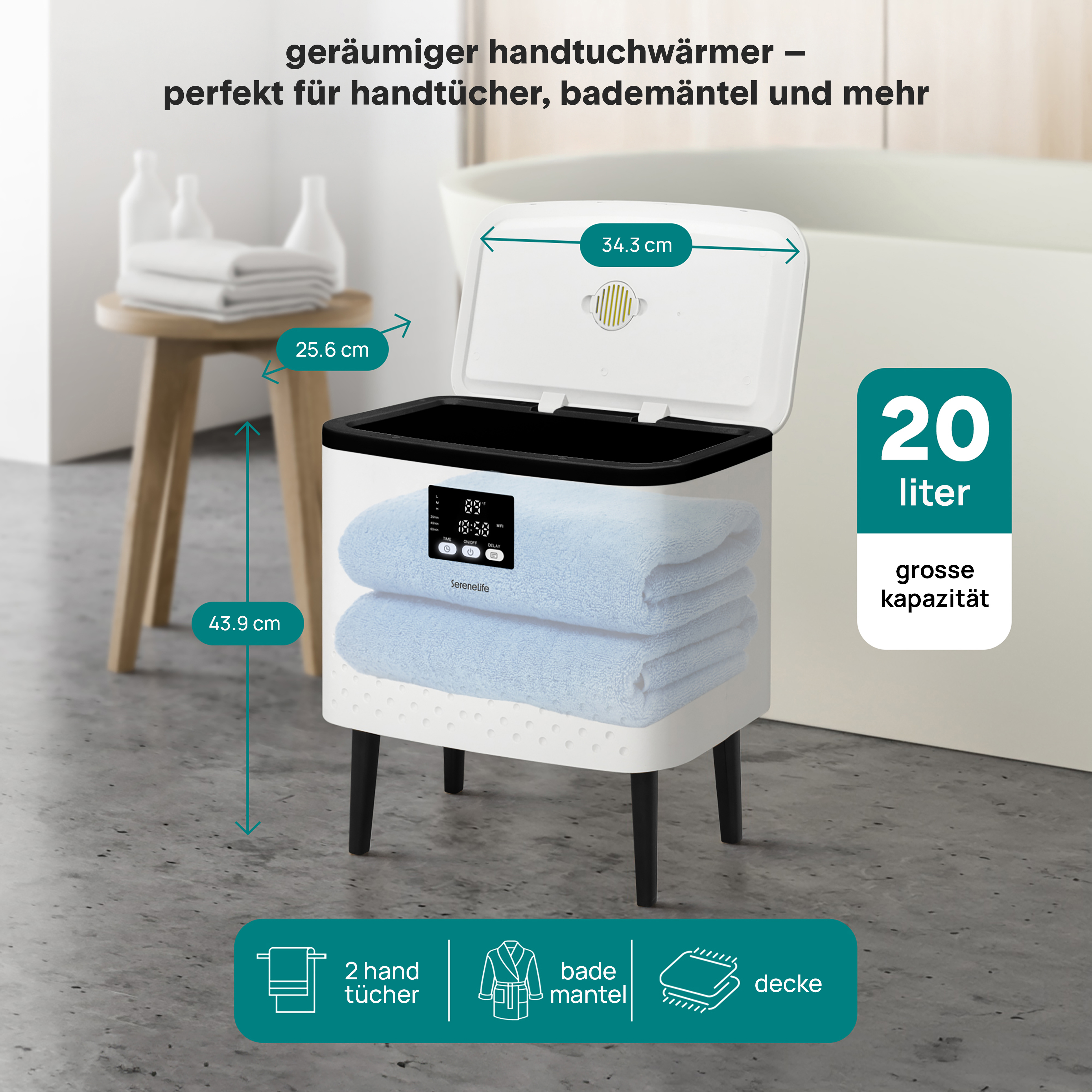 Ein weißer Handtuchwärmer mit blauen Handtüchern, Maßen und Icons.