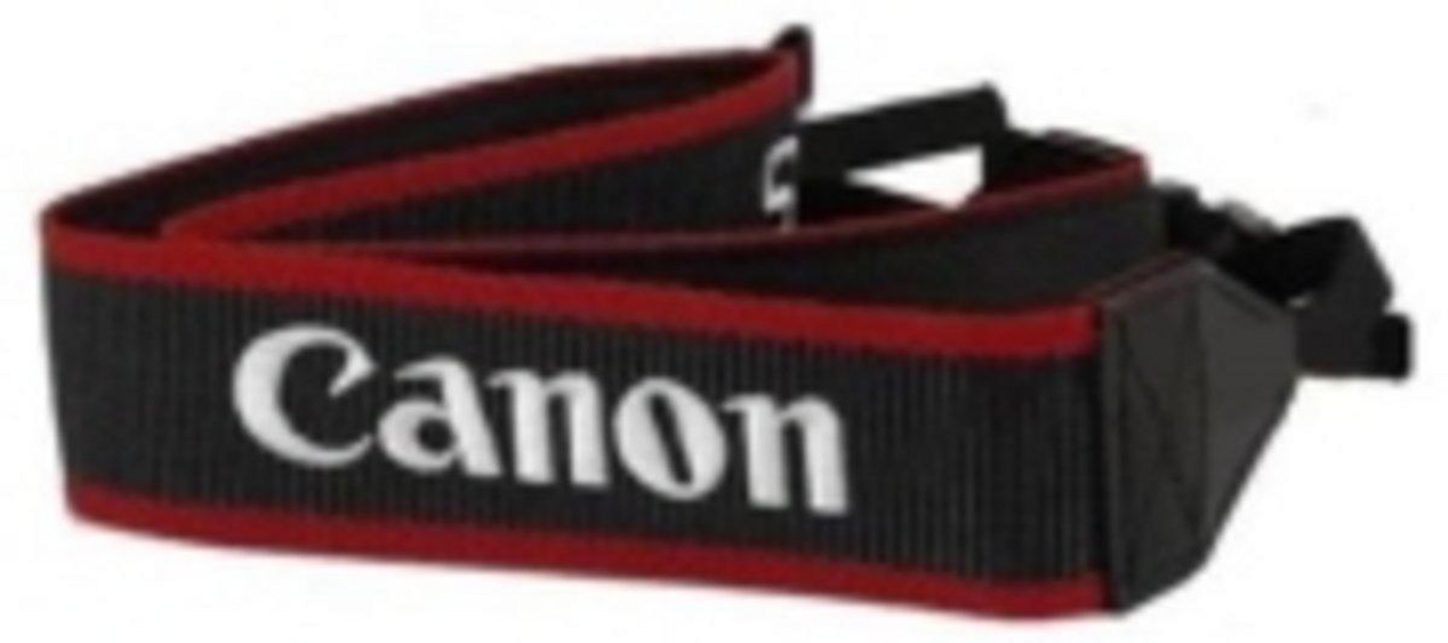 Schwarzer Kameragurt mit rotem Rand und weißem Canon-Logo.