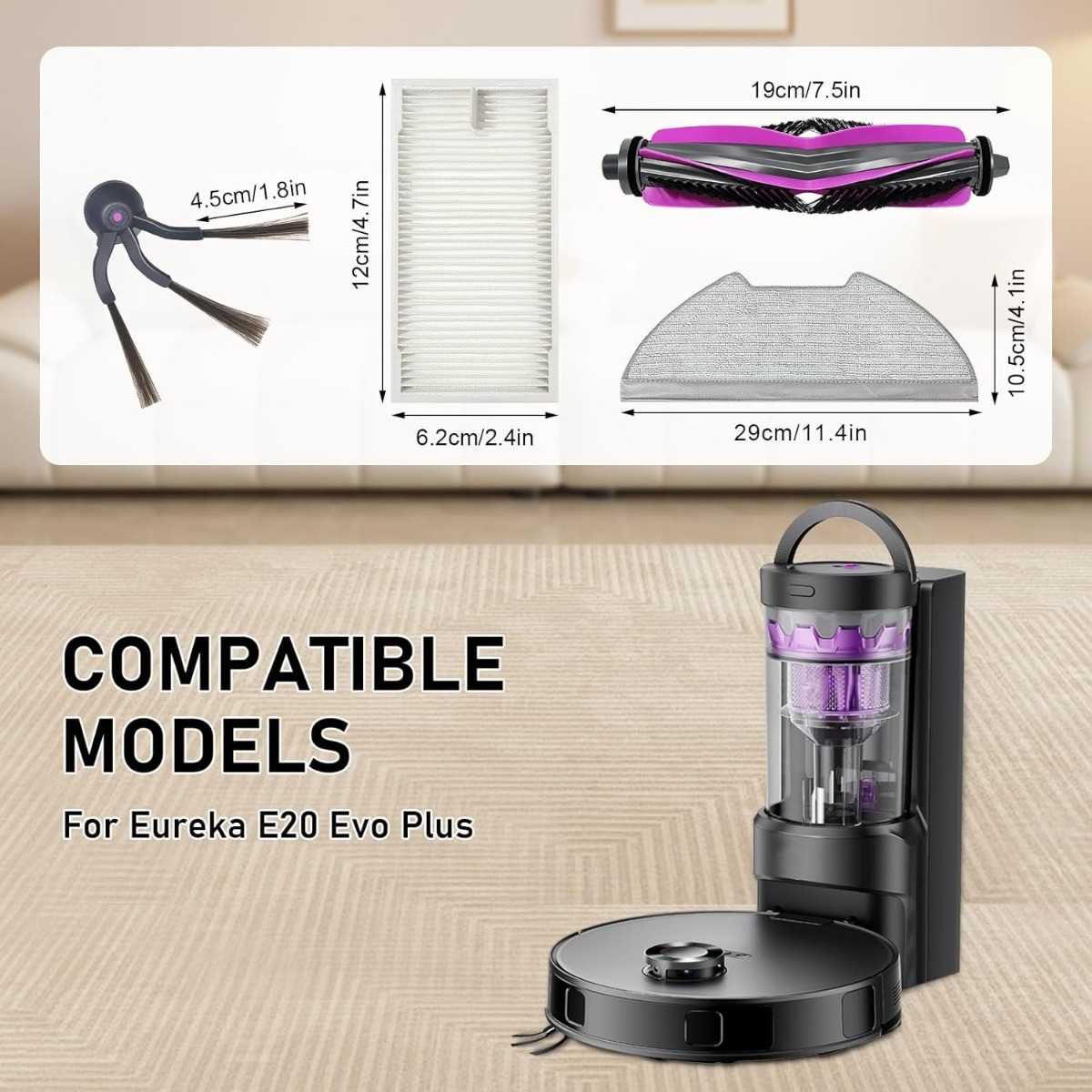 Roboterstaubsaugerteile: Bürsten, Filter, Rollbürste, Mopp-Pad. Kompatibel mit Eureka E20 Evo Plus.