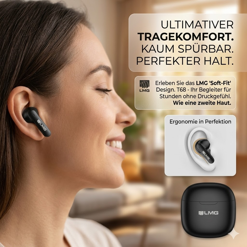 Frau mit schwarzem LMG Kopfhörer im Ohr, lächelnd. Produktbilder daneben.