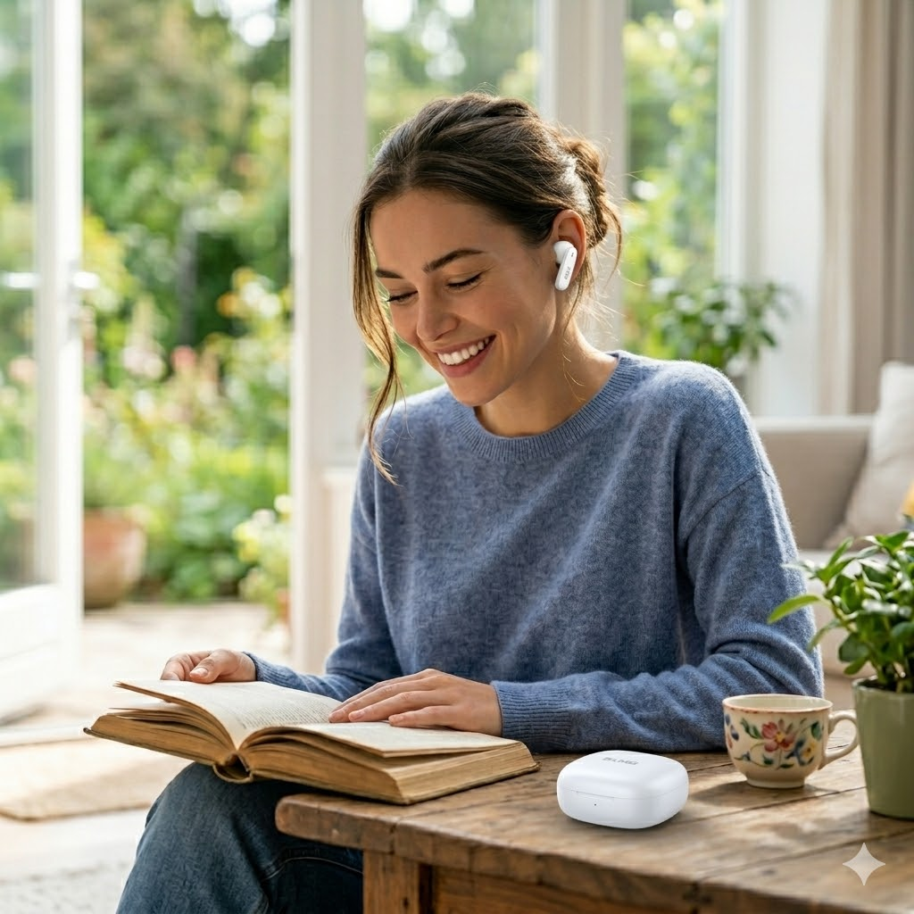 Eine lächelnde Frau mit weißen Ohrhörern liest ein Buch.
