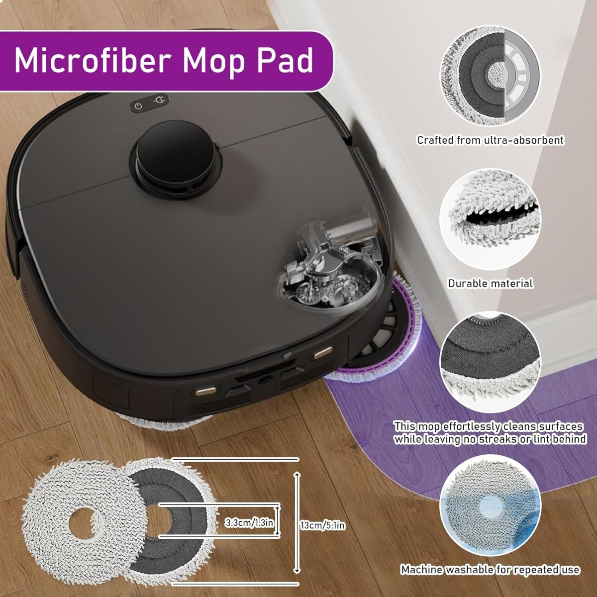 Ein Roboterstaubsauger mit Mikrofasermopp-Aufsatz, der auf Holzboden reinigt.