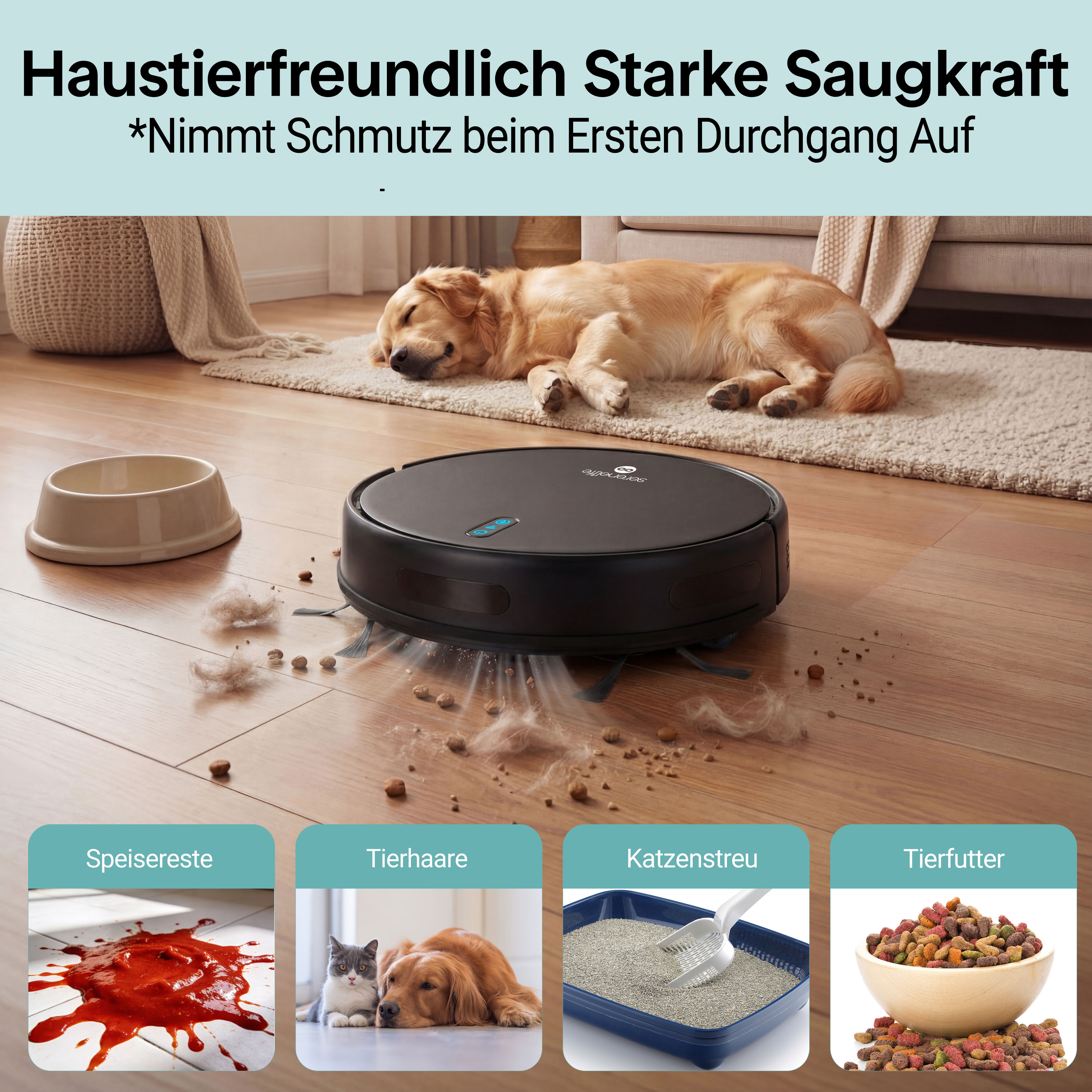 Ein Saugroboter reinigt Holzfußboden mit Tierhaaren und Krümeln. Ein Hund schläft auf Teppich.