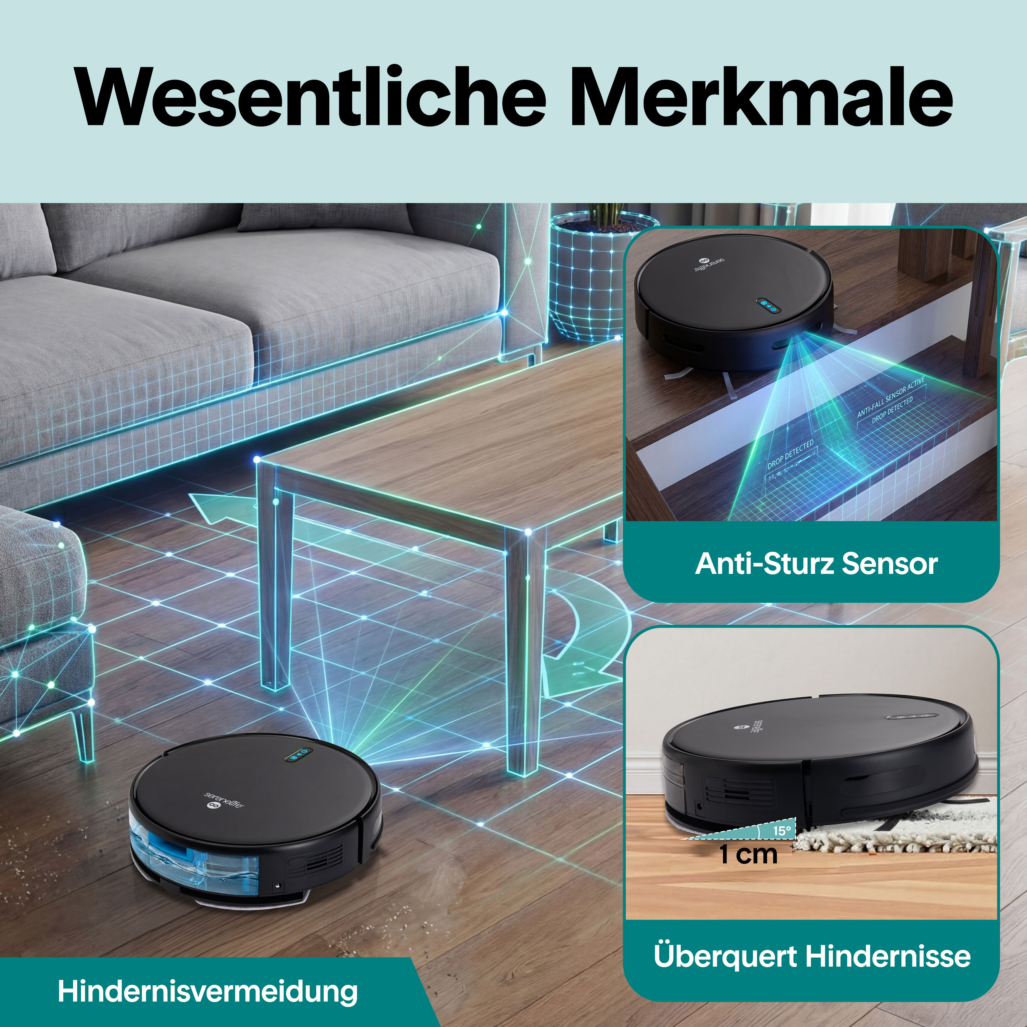 Ein Saugroboter mit Hindernisvermeidung und Anti-Sturz-Sensor.