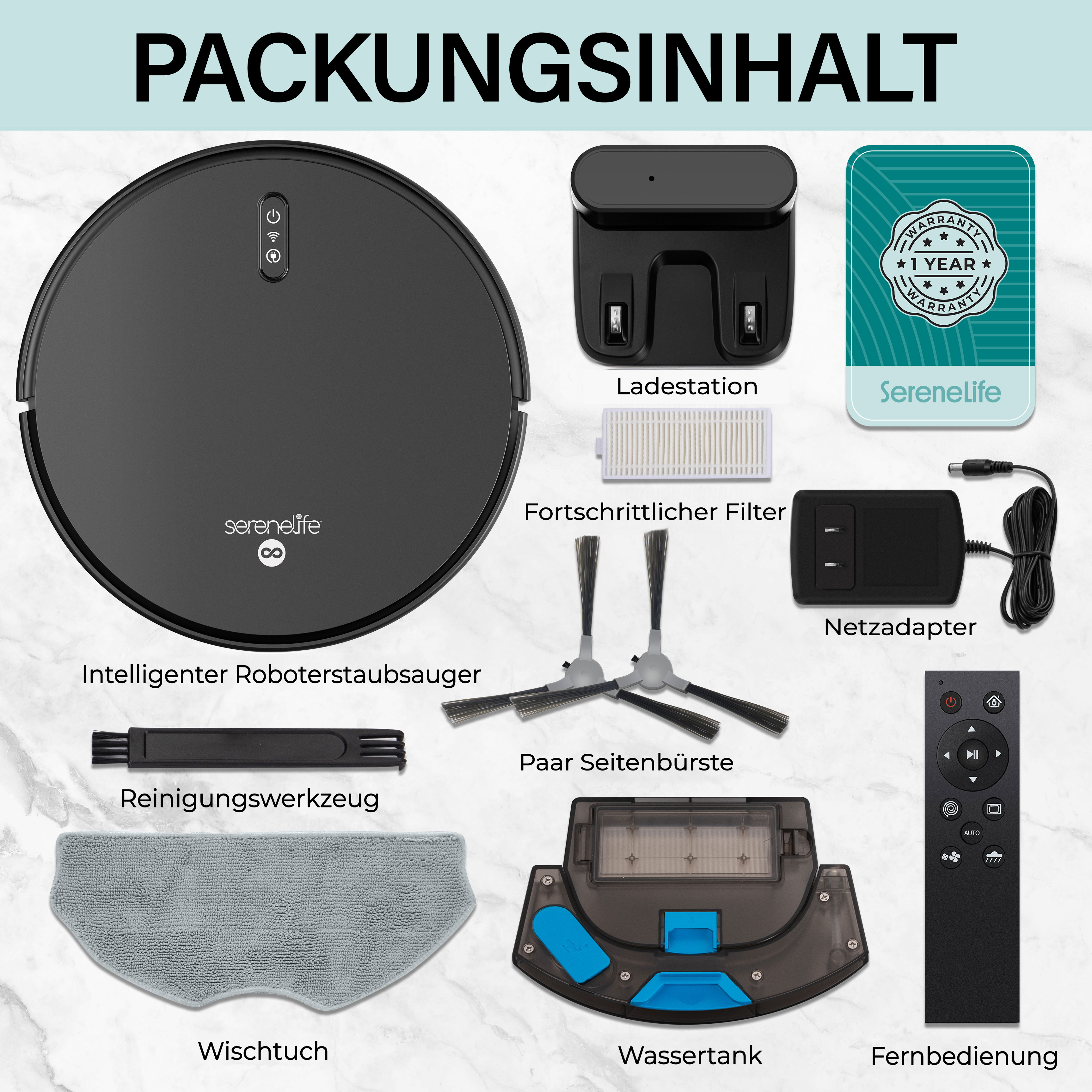 Verpackungsinhalt mit Roboterstaubsauger, Ladestation, Filter, Bürsten, Werkzeug, Tuch, Tank, Netzadapter, Fernbedienung.
