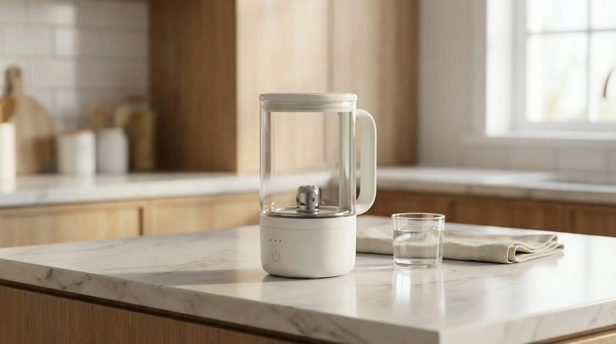 Ein weißer Wasserkocher mit Glasbehälter steht auf einer Marmoroberfläche neben einem Glas Wasser.