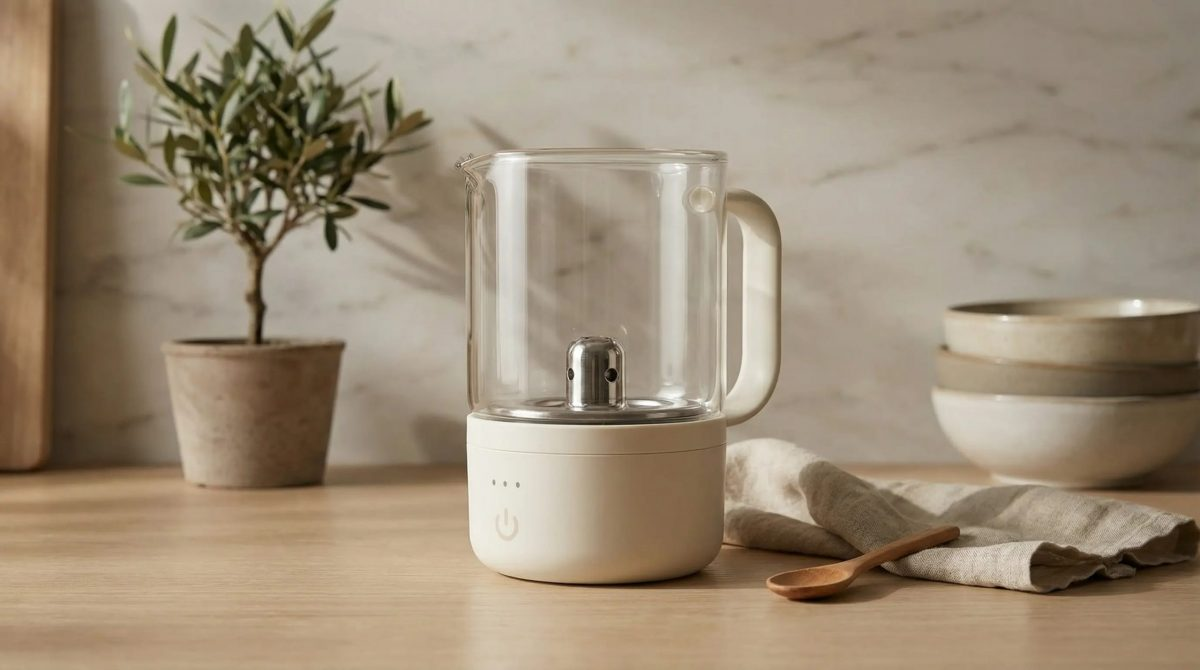 Ein moderner Mixer mit Glasbehälter steht auf einem Holztisch neben einer Topfpflanze und Schüsseln.