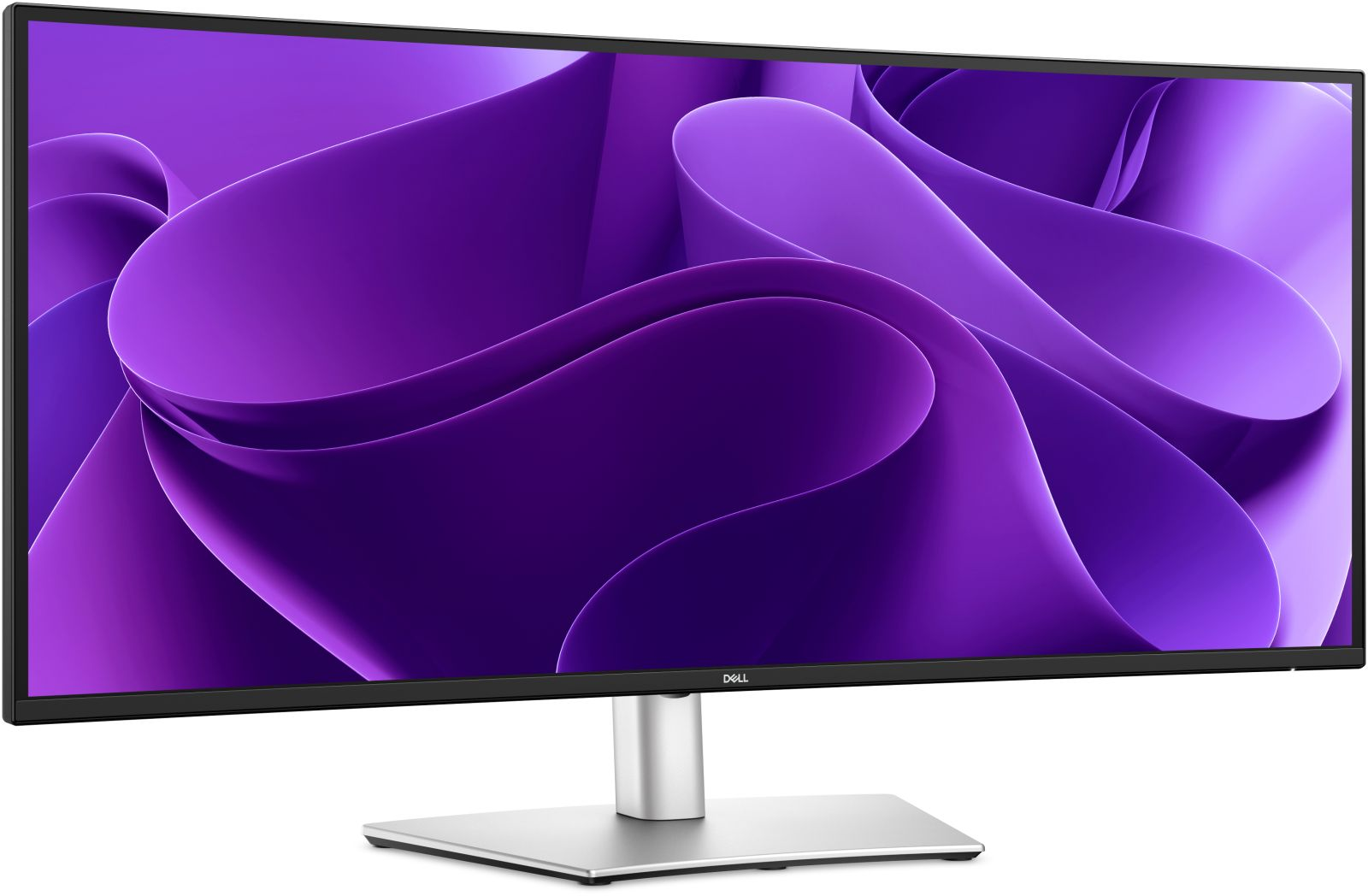 Ein Dell-Monitor mit einem lila Wellenmuster-Hintergrundbild auf dem Bildschirm.