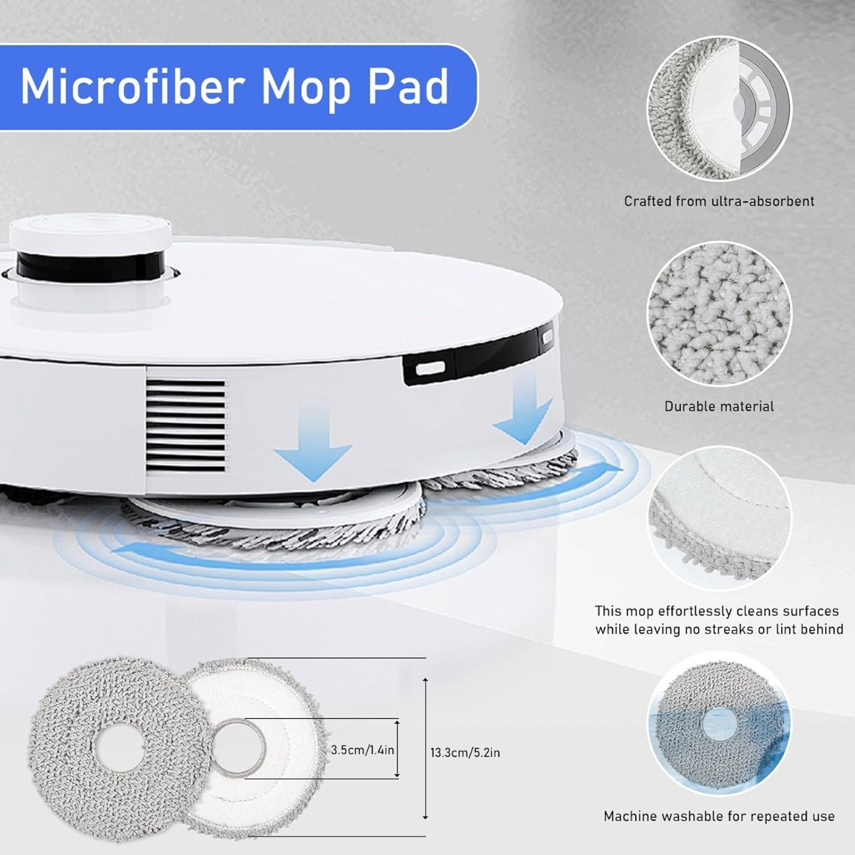 Ein weißer Saugroboter mit rotierenden Mikrofaser-Mopp-Pads, die den Boden reinigen.