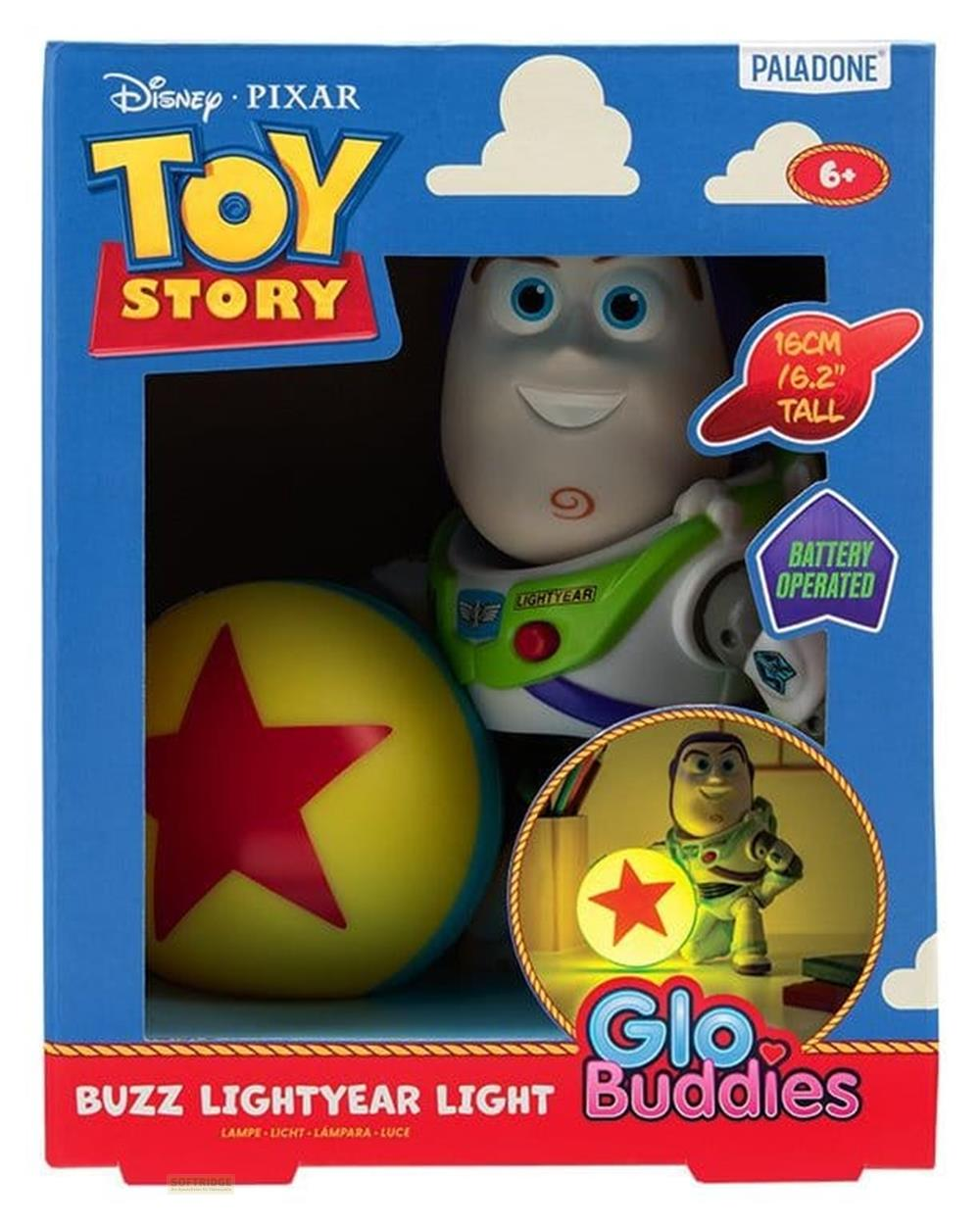 Lámpara Buzz Lightyear con pelota y figura pequeña en el paquete.