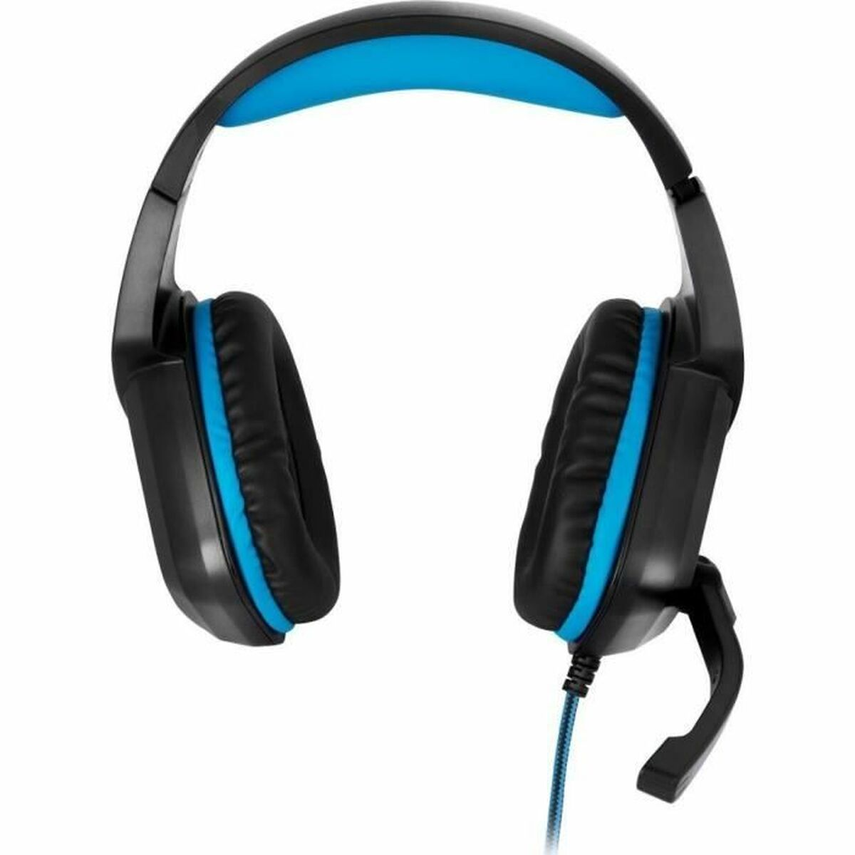 Schwarze Kopfhörer mit blauen Akzenten und Mikrofon.