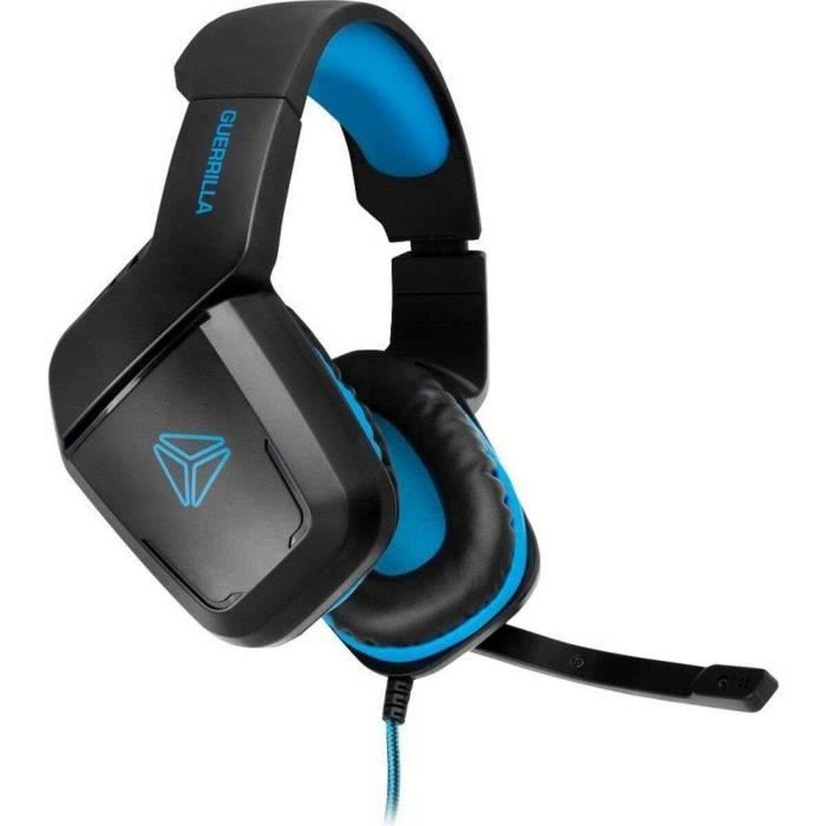 Schwarzer Gaming-Kopfhörer mit blauen Akzenten und Mikrofon.