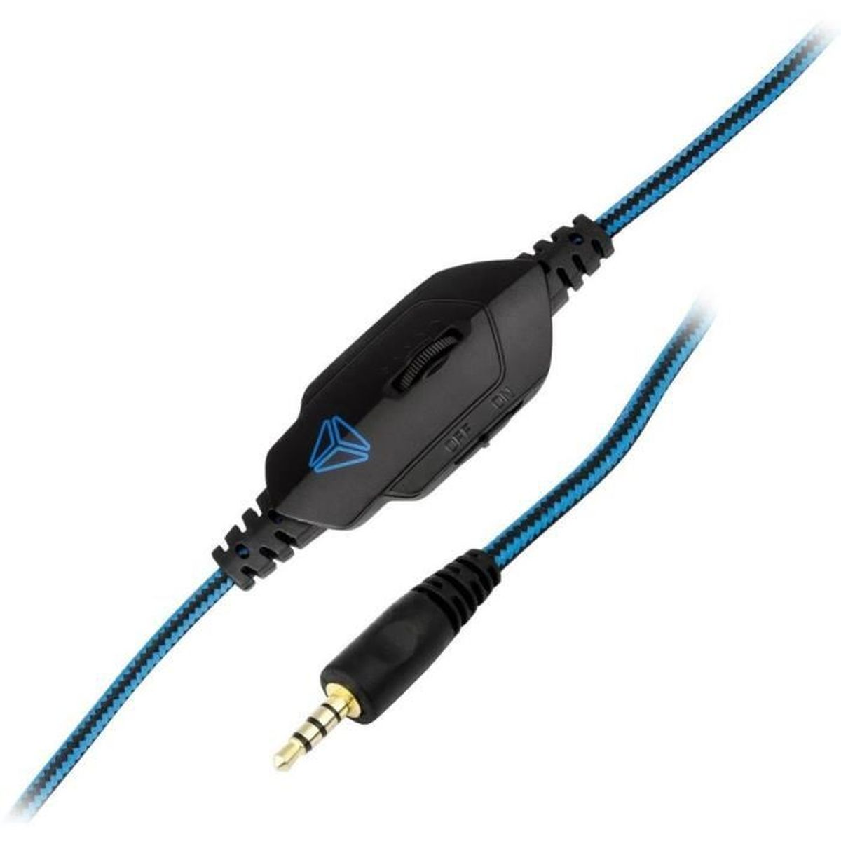 Schwarzes Gaming-Headset-Kabel mit blauen Akzenten, Lautstärkeregler und 3,5-mm-Klinke.