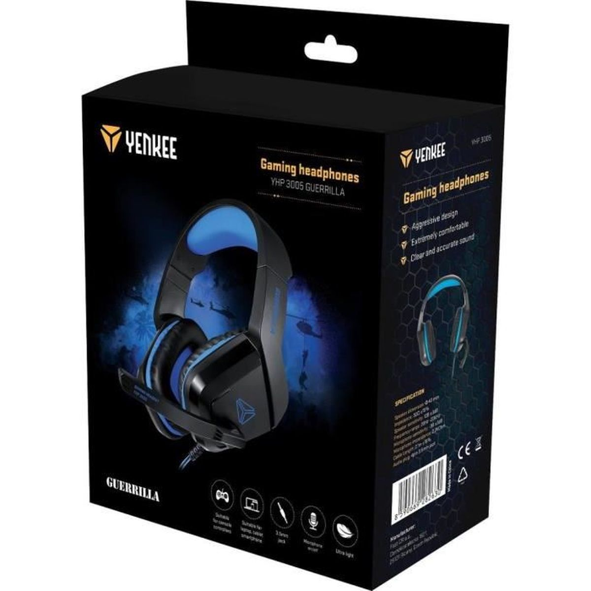 Verpackung von schwarzen Gaming-Kopfhörern mit blauen Akzenten und Mikrofon.