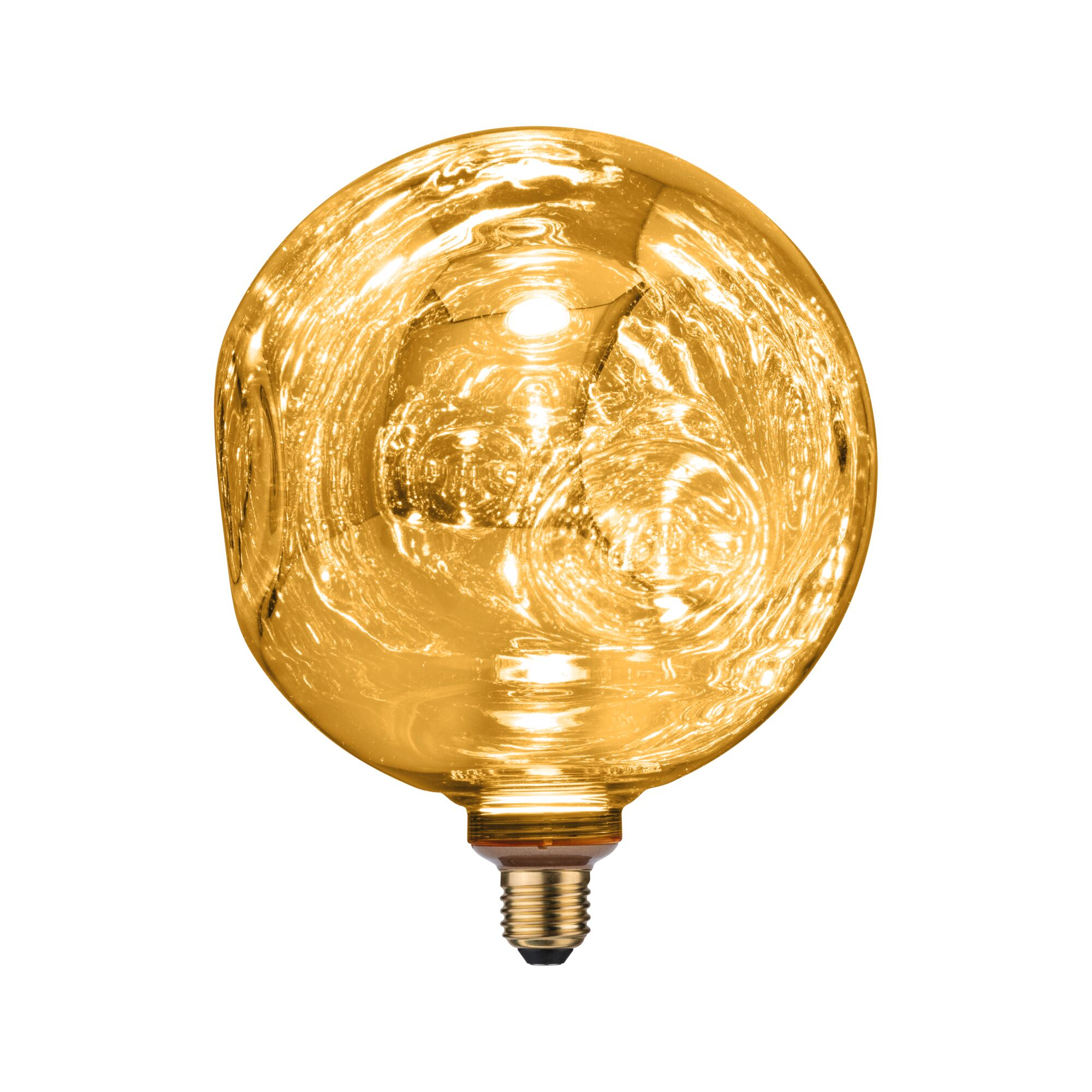 Eine runde, goldene Lampe mit einer strukturierten Oberfläche und einem Schraubgewinde.
