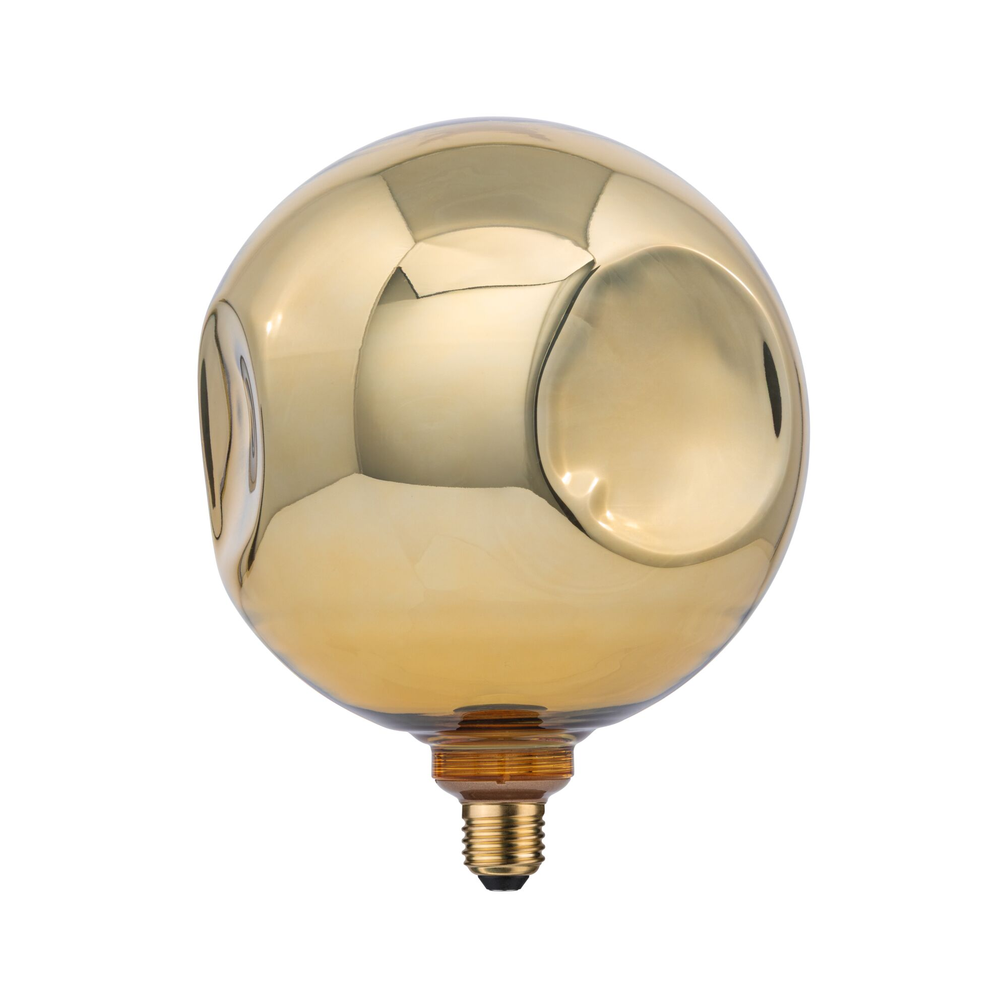 Eine große, goldene, kugelförmige Glühbirne mit strukturierter Oberfläche und Schraubgewinde.