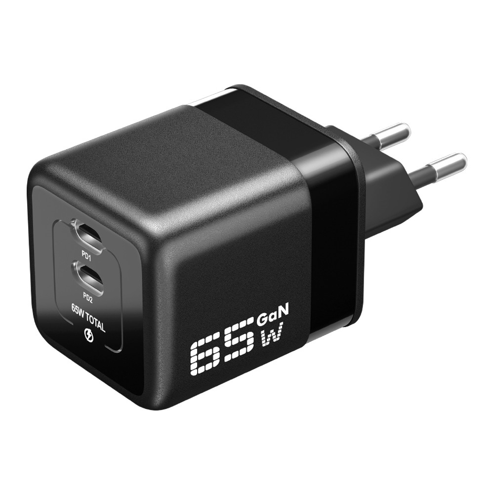 İki portlu ve Avrupa fişli siyah 65W GaN USB-C şarj cihazı.