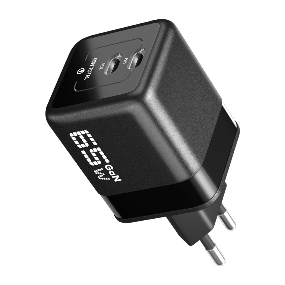 İki USB-C bağlantı noktalı ve dijital ekranlı siyah GaN şarj cihazı.