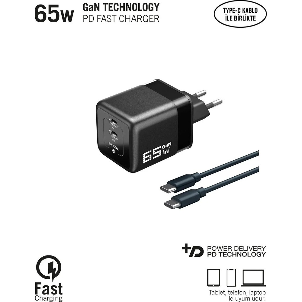 İki USB-C bağlantı noktasına ve iki kabloya sahip siyah 65W GaN PD hızlı şarj cihazı.