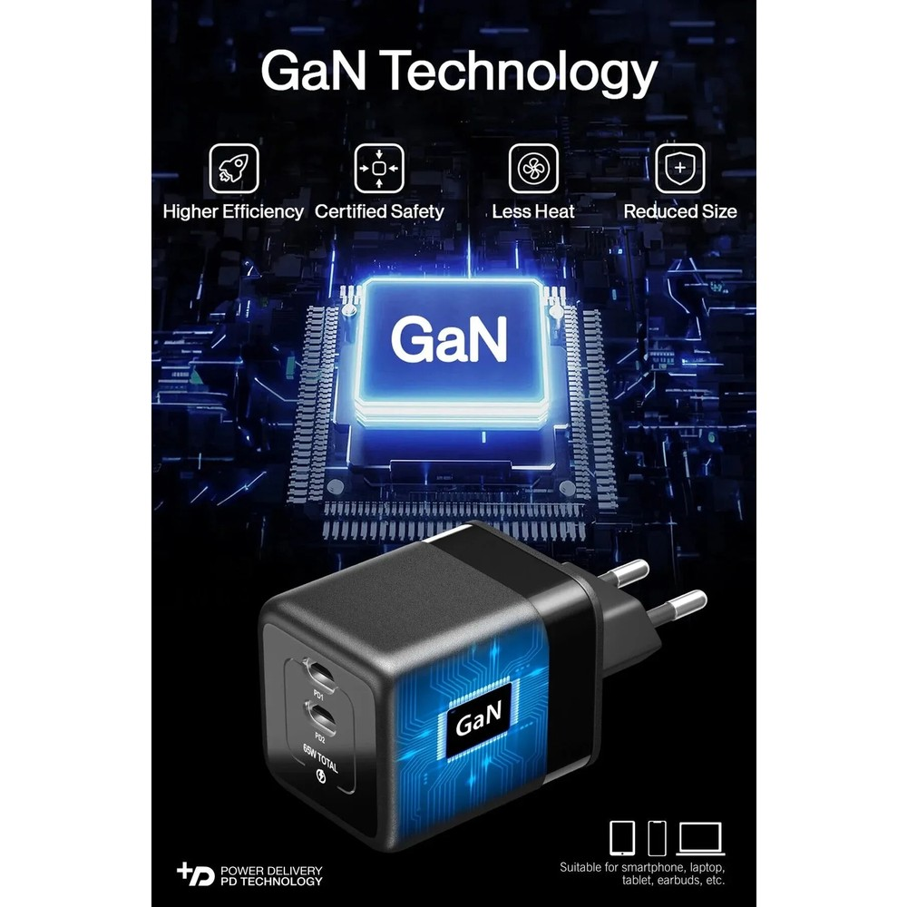 İki USB-C bağlantı noktalı ve Avrupa fişli siyah GaN şarj cihazı.