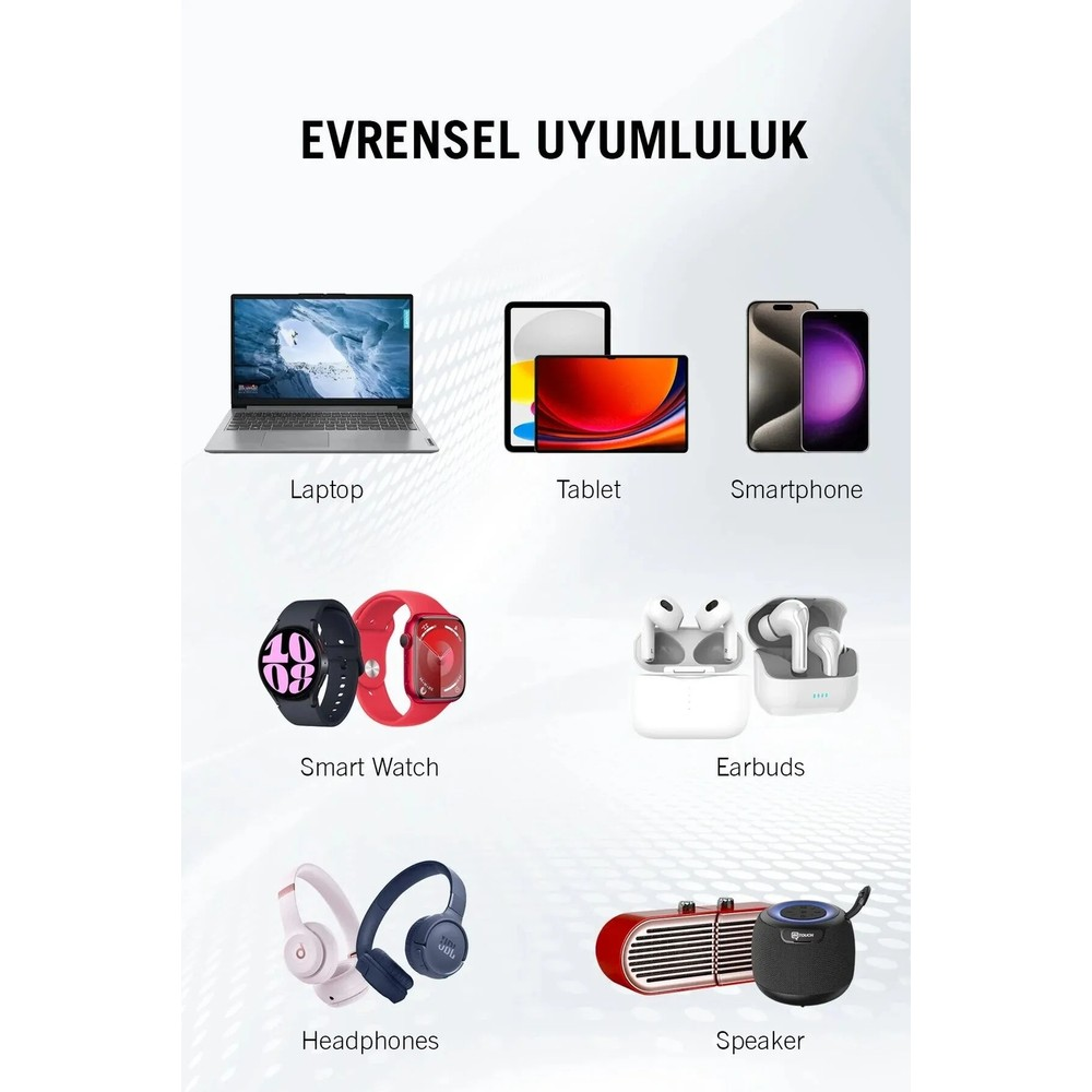 Dizüstü bilgisayar, tablet, akıllı telefon, akıllı saat, kulaklık ve hoparlör illüstrasyonu.