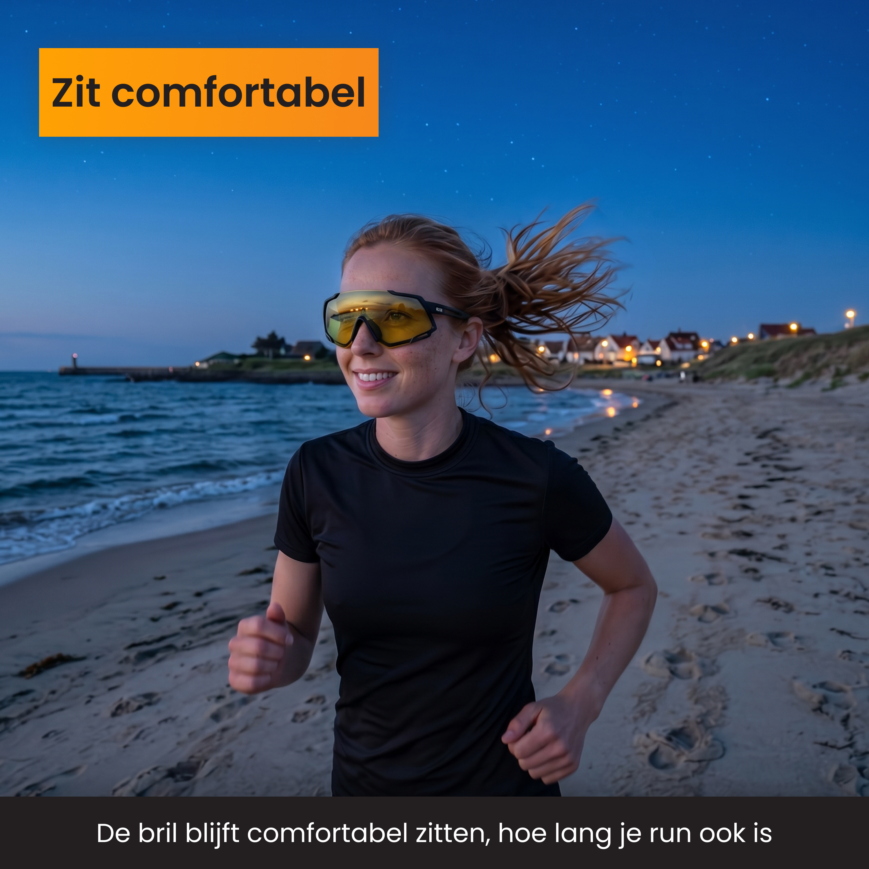 Eine Frau mit roten Haaren läuft am Strand, trägt Sportbrille. Nacht.