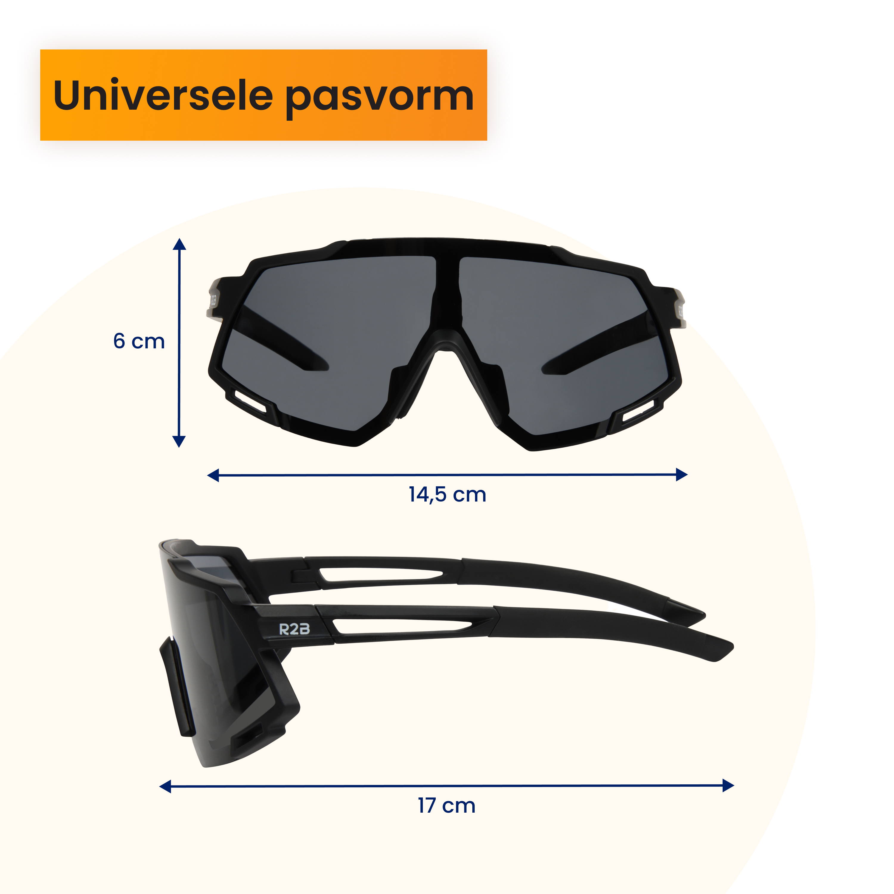 Schwarze Sportsonnenbrille mit dunklen Gläsern und Maßangaben.