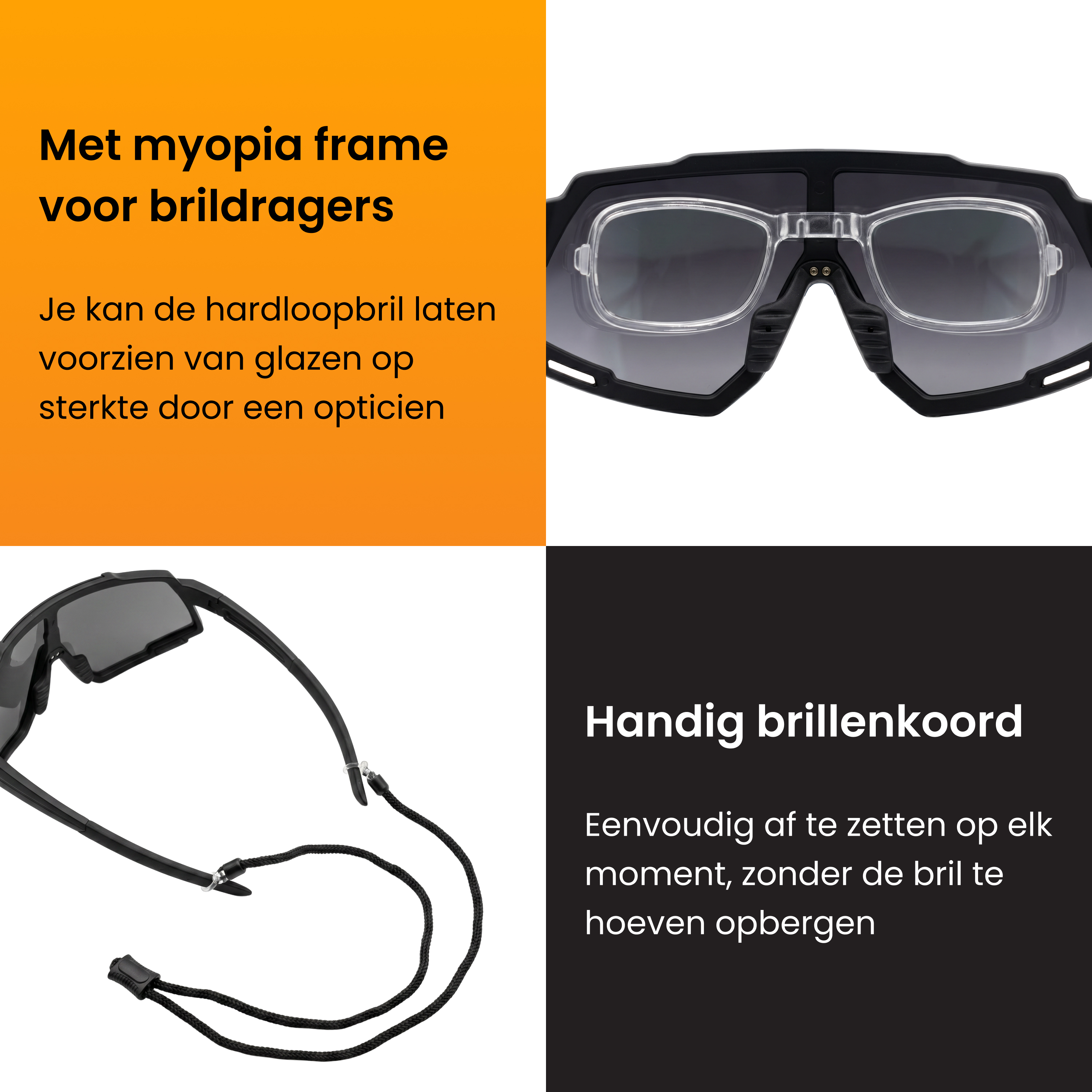 Sportbrille mit Myopie-Rahmen und Brillenkordel. Geeignet für Brillenträger.