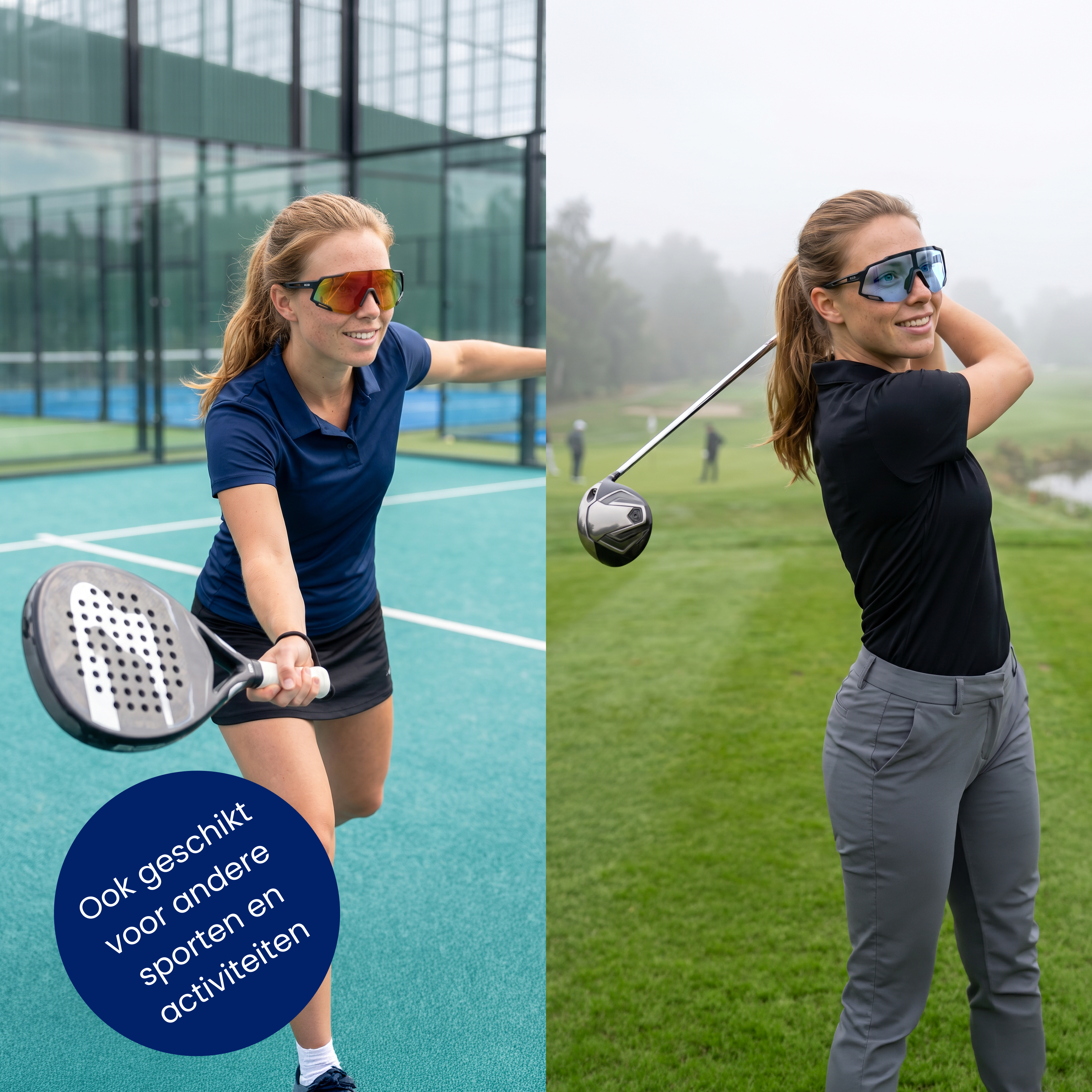 Frau spielt Padel-Tennis und Golf. Sie trägt Sportbrillen.