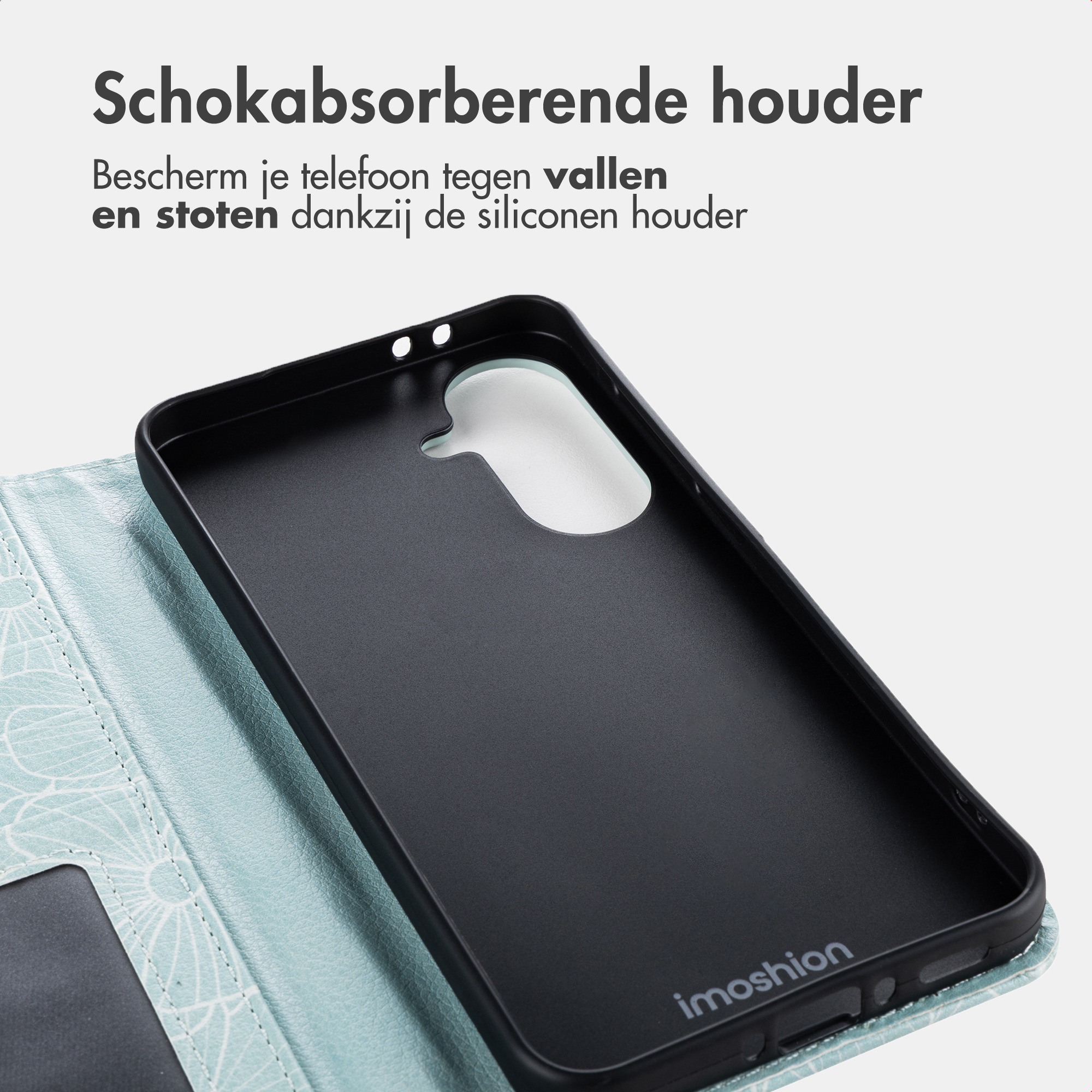 Schwarzer Handy-Schutz mit blauem Muster.