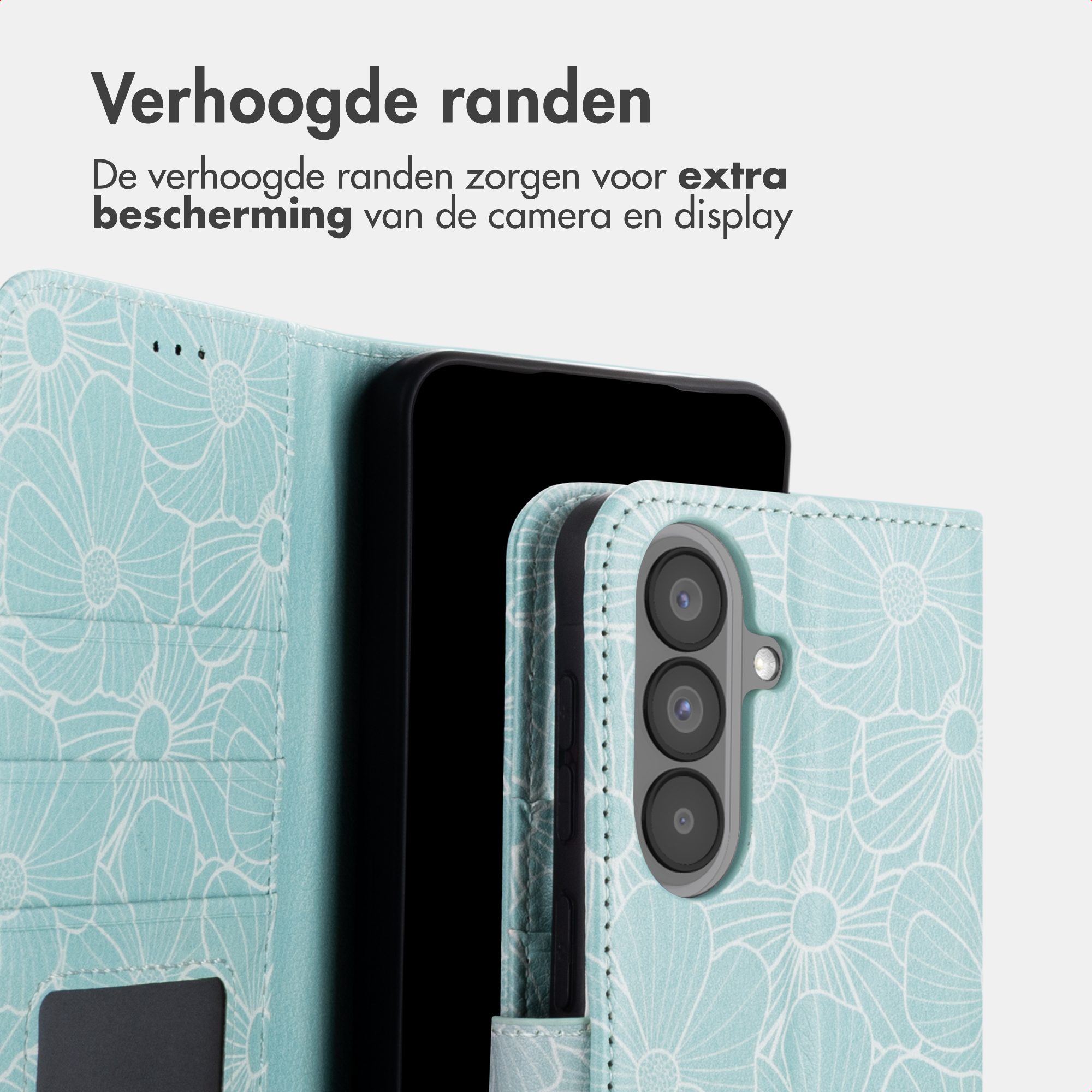 Ein hellblaues Handy-Flip-Case mit weißer Blumenmusterung und einer Kameraöffnung.