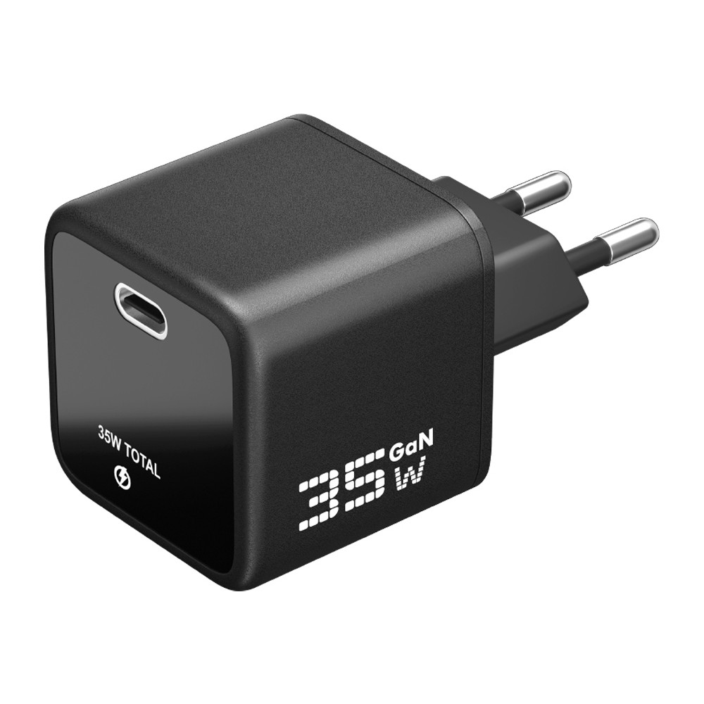 USB-C portlu ve iki metal pimli siyah 35W GaN şarj cihazı.