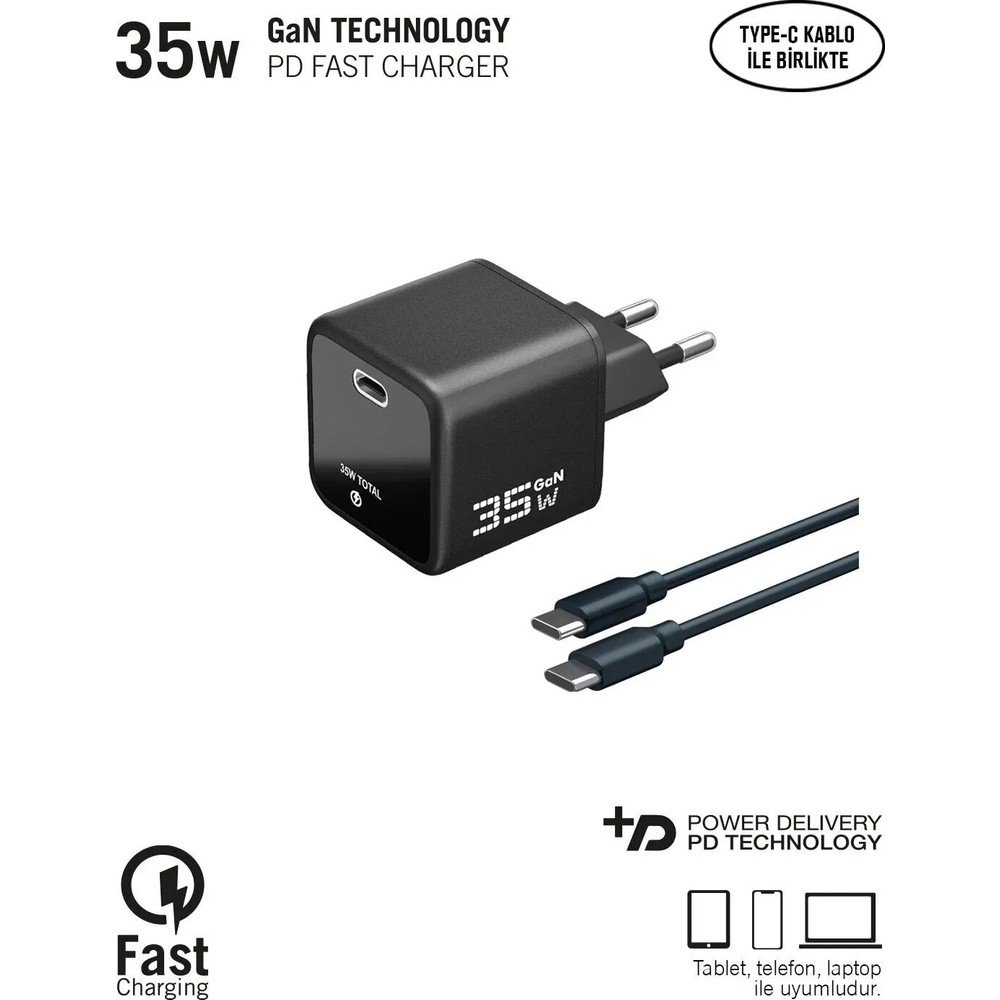 USB-C kablolu ve Power Delivery teknolojili siyah 35W GaN hızlı şarj cihazı.