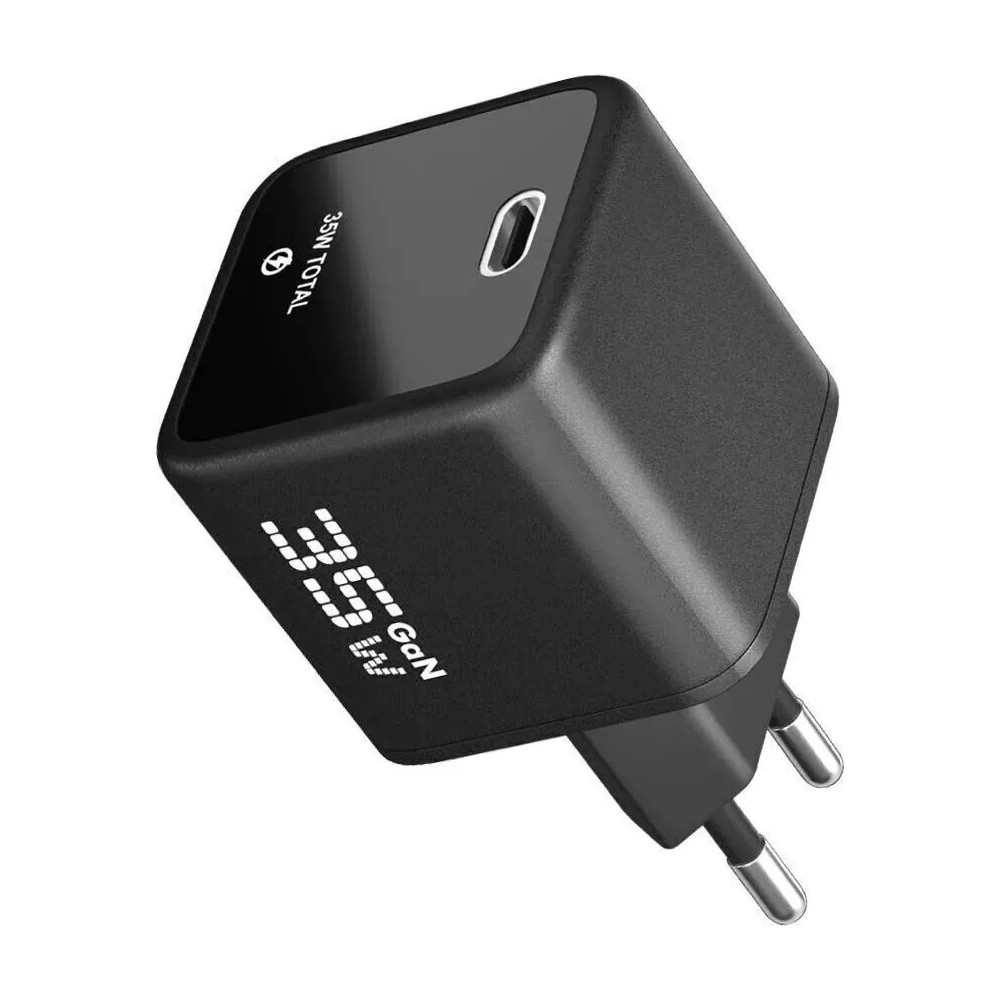 USB-C bağlantı noktalı ve dijital ekranlı siyah 35W GaN şarj cihazı.