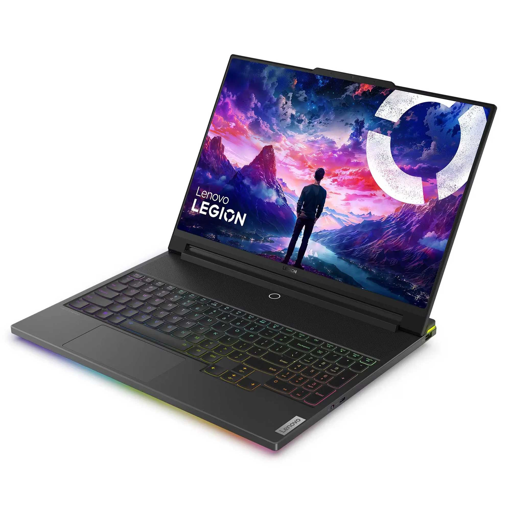 Arkadan aydınlatmalı klavyeli ve dağ duvar kağıtlı açık Lenovo Legion dizüstü bilgisayar.