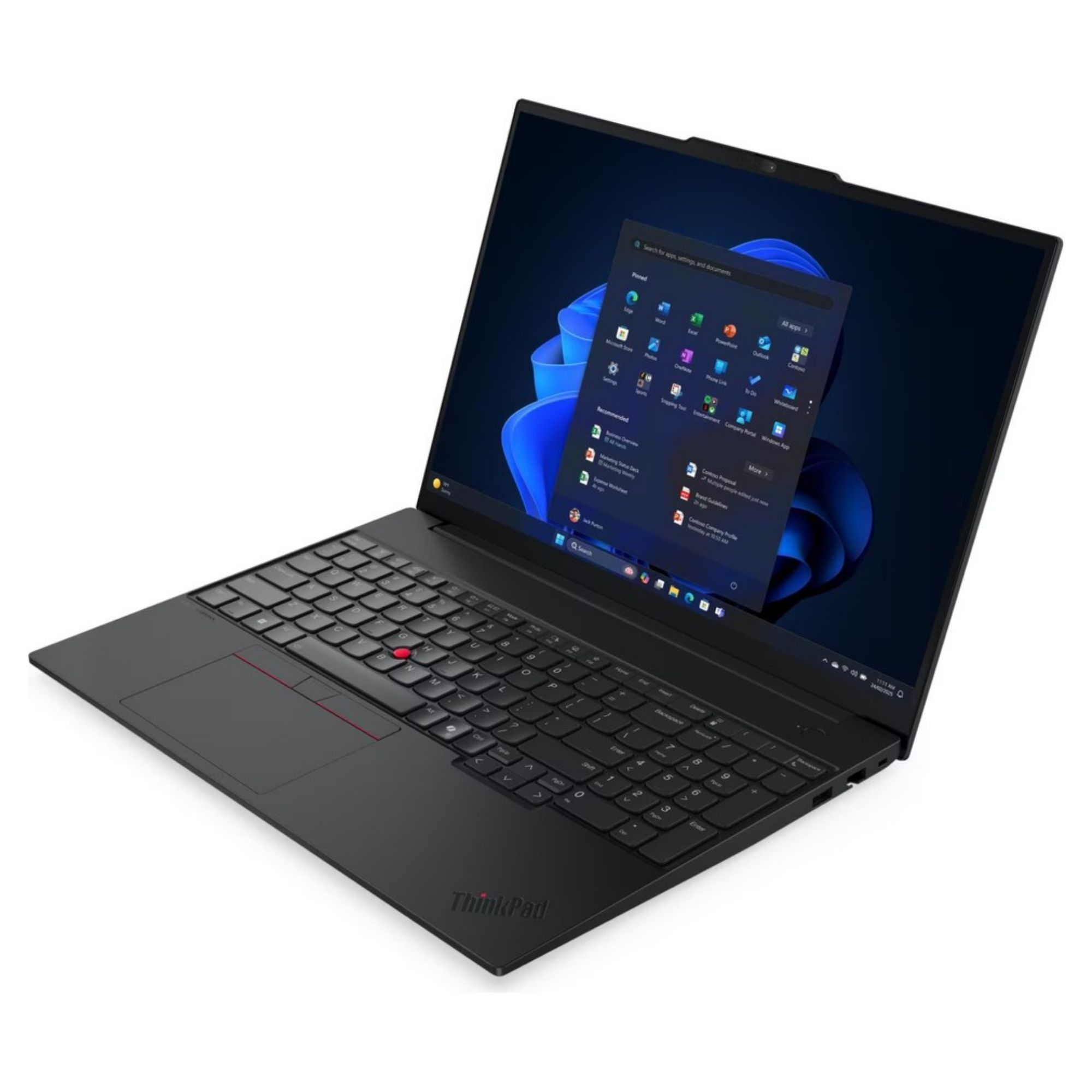 Windows 11 başlangıç menüsü açık, siyah bir ThinkPad dizüstü bilgisayar.