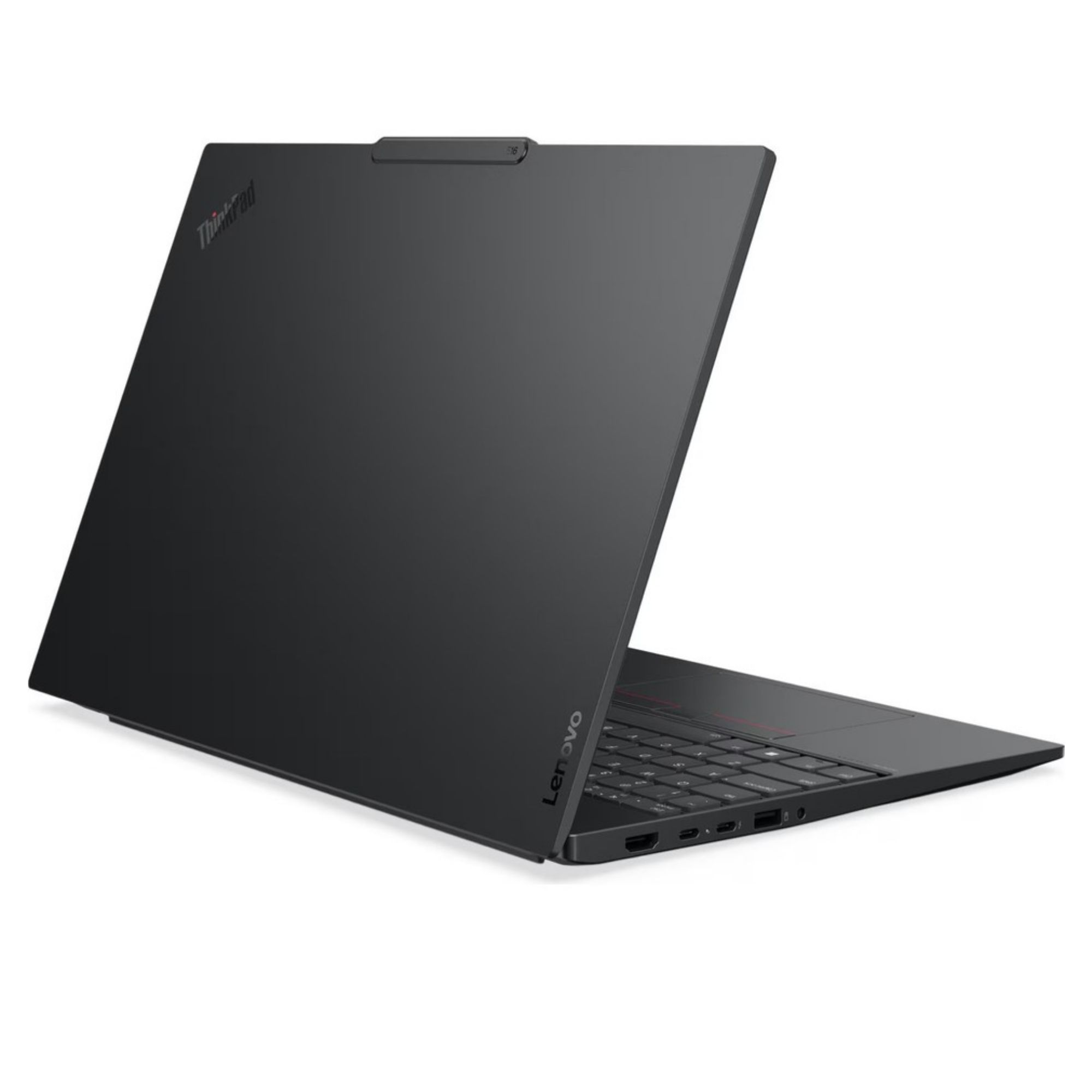 Açık siyah Lenovo ThinkPad dizüstü bilgisayar, klavye ve bağlantı noktaları görünüyor.