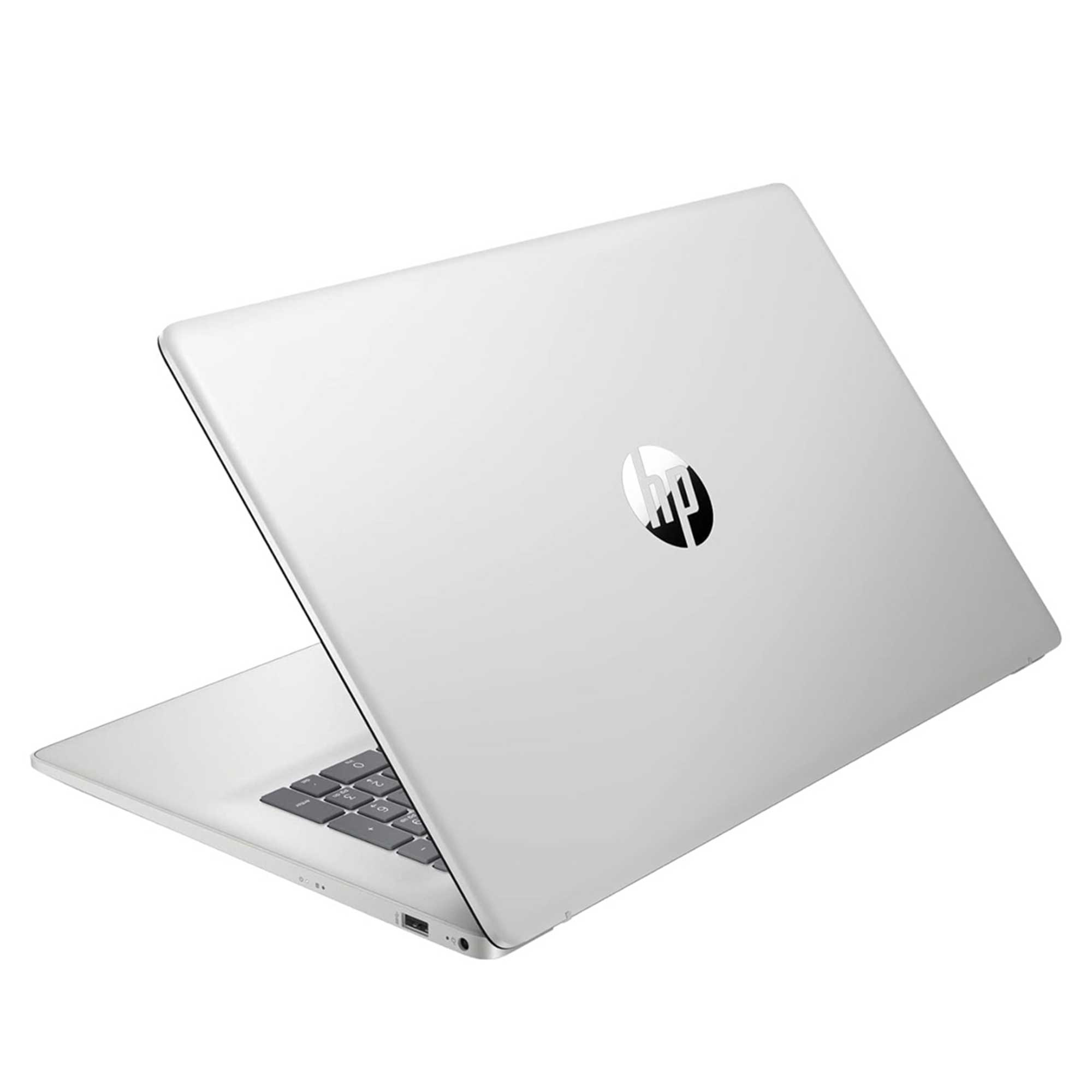Gümüş rengi HP dizüstü bilgisayar beyaz arka plan üzerinde.
