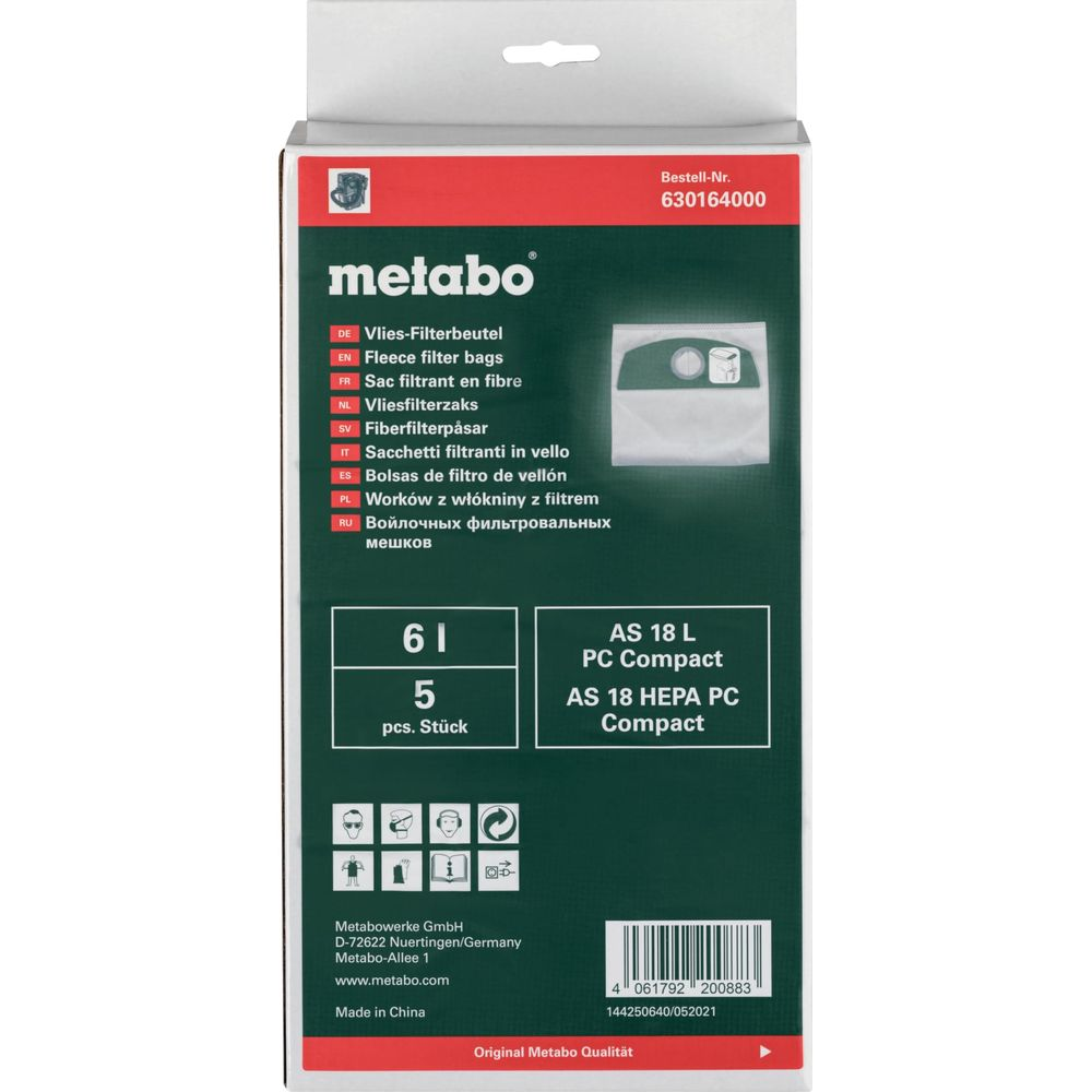 Confezione sacchetti filtro Metabo, 5 pz, AS 18 L/HEPA PC Compact
