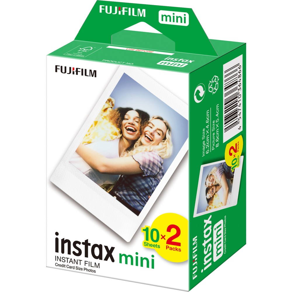 Fujifilm Instax Mini anında film kutusu, iki gülen kadın gösteriyor.