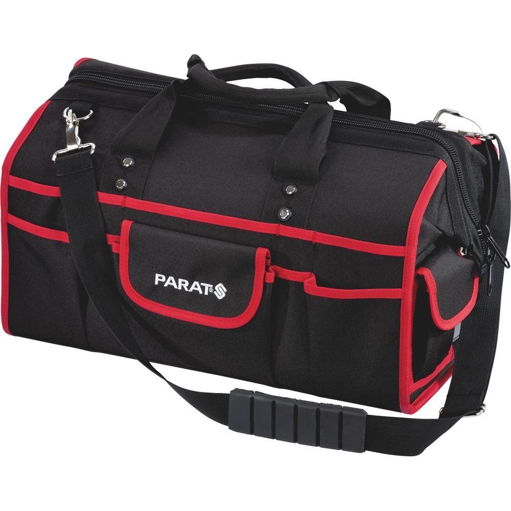 Borsa porta attrezzi nera con finiture rosse e tasche esterne.