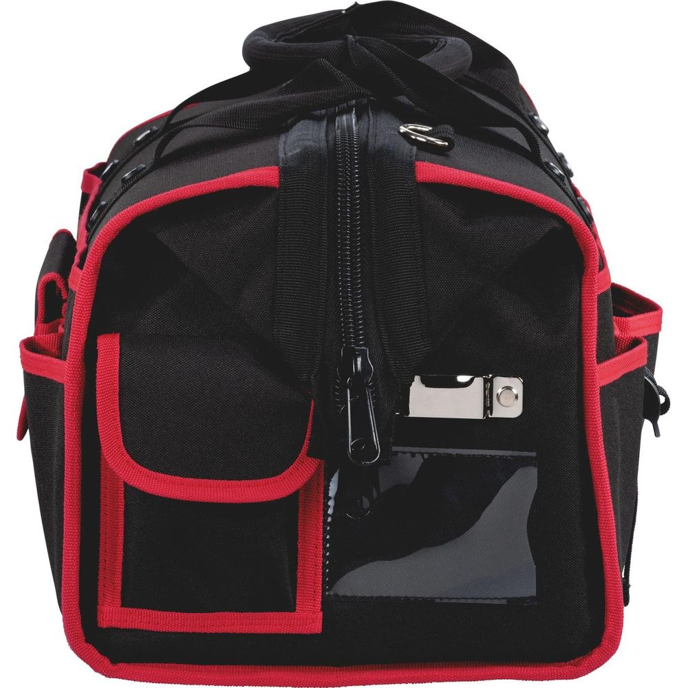 Borsa porta attrezzi nera con profili rossi, cerniera e tasche esterne.