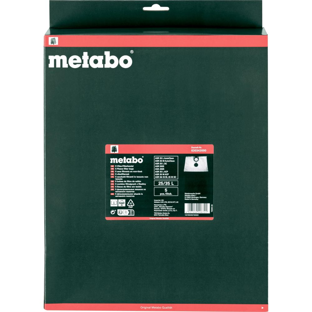 Confezione con logo Metabo, 5 sacchetti filtro in tessuto non tessuto per aspirazione, taglia 25/35 L.