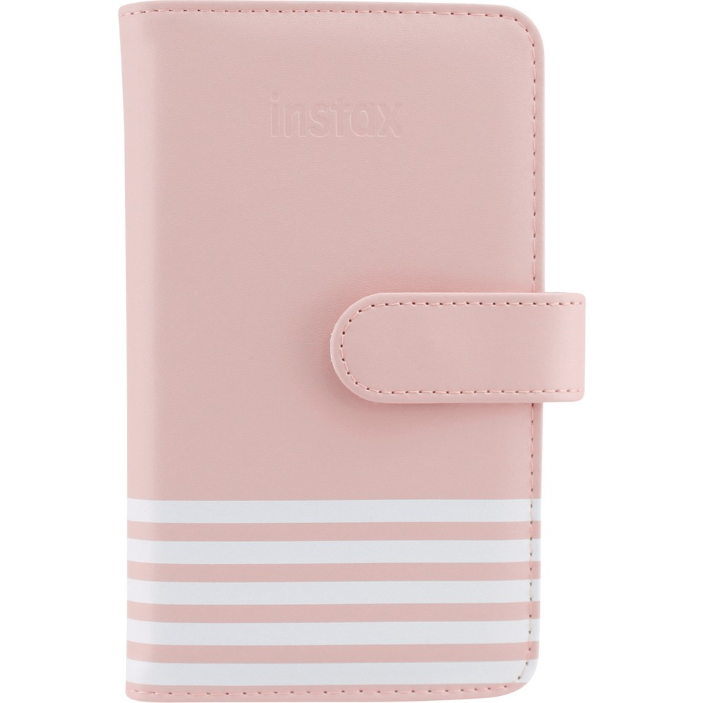 Beyaz çizgili pembe Instax fotoğraf albümü kapağı, çıtçıtlı kapamalı.